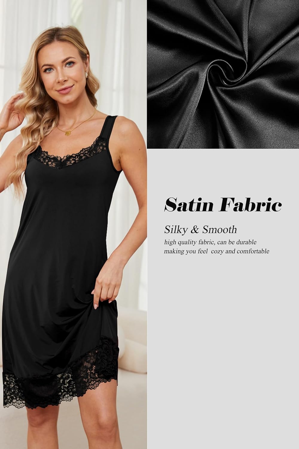 H HIAMIGOS Slip Dress Lace Trim Satin Slip for Women Under Dress Non Cling Midi Full Slip Wide Strap - Image 2