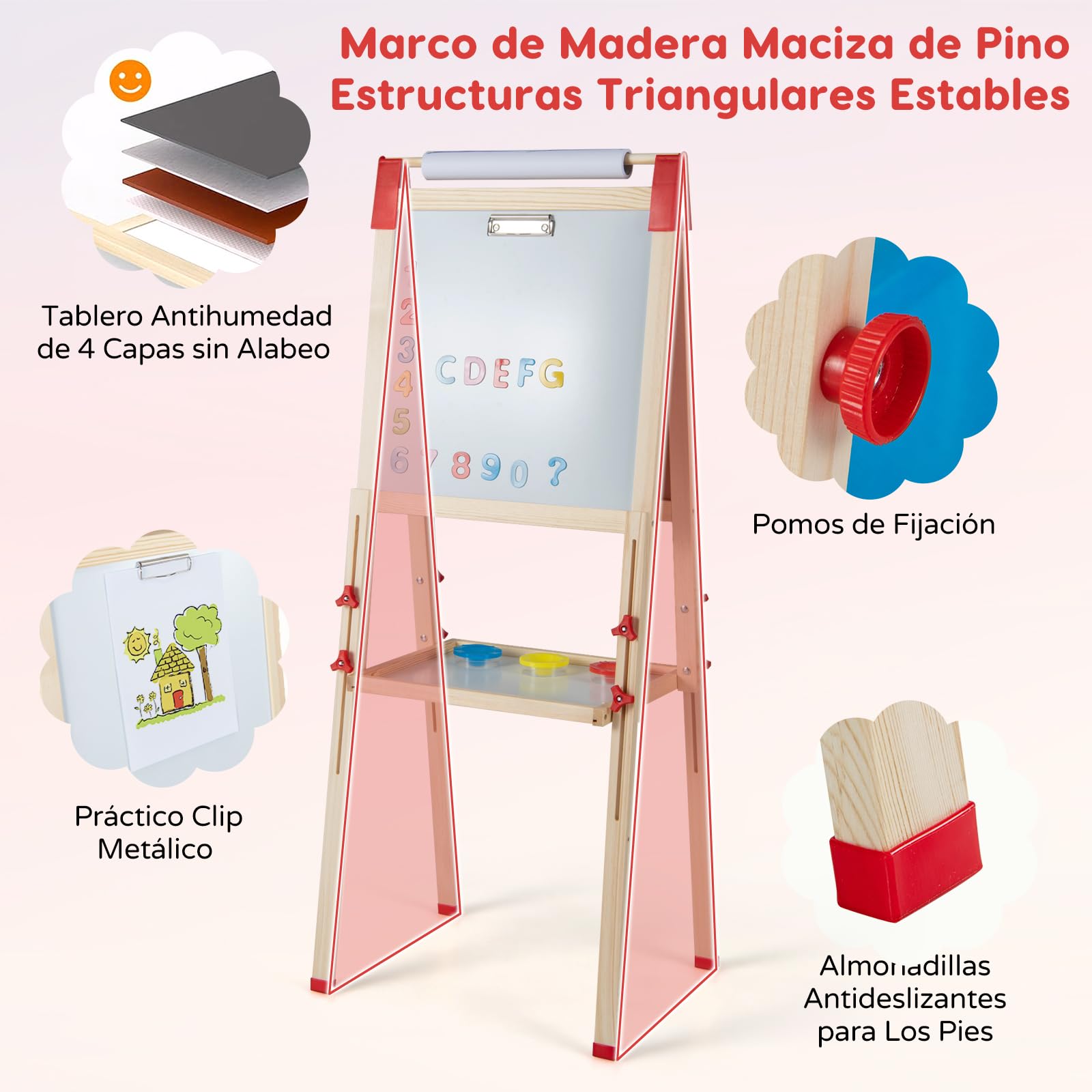RELAX4LIFE 3 en 1 Caballete Pintura Infantil con Pizarra Magnética, Pizarra Blanca, Rollo de Papel y 56 Accesorios de Pintura, Pizarra Infantil Caballete con Altura Ajustable para Niños 3-8 Años