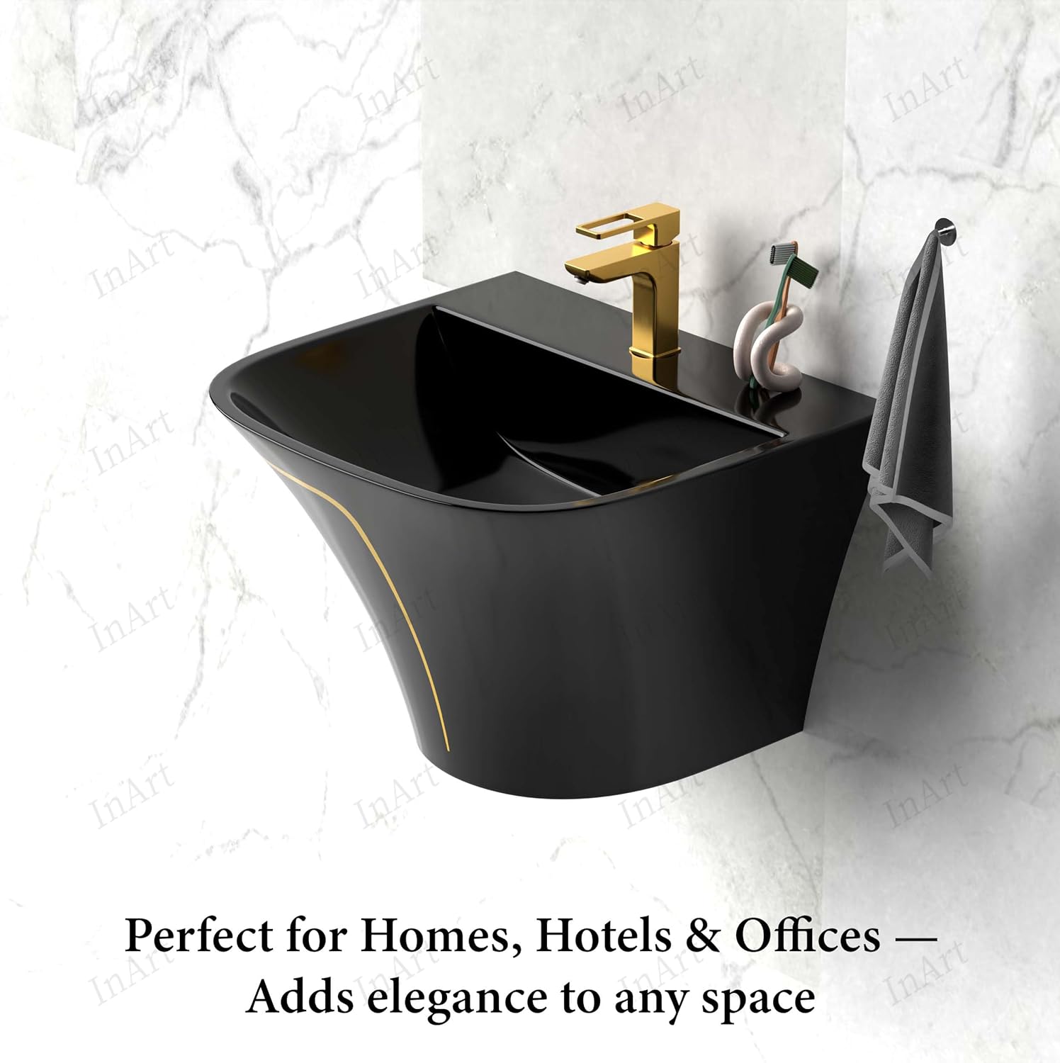 InArt Slim Rim Rectangular Ceramic Vessel Sink, Wall Mounted Half Pedestal Bathroom Sink, Glossy Black Modern Designer Basin, Easy-Clean Glaze, 21.3 W x 17.3 D x 15.4 H in