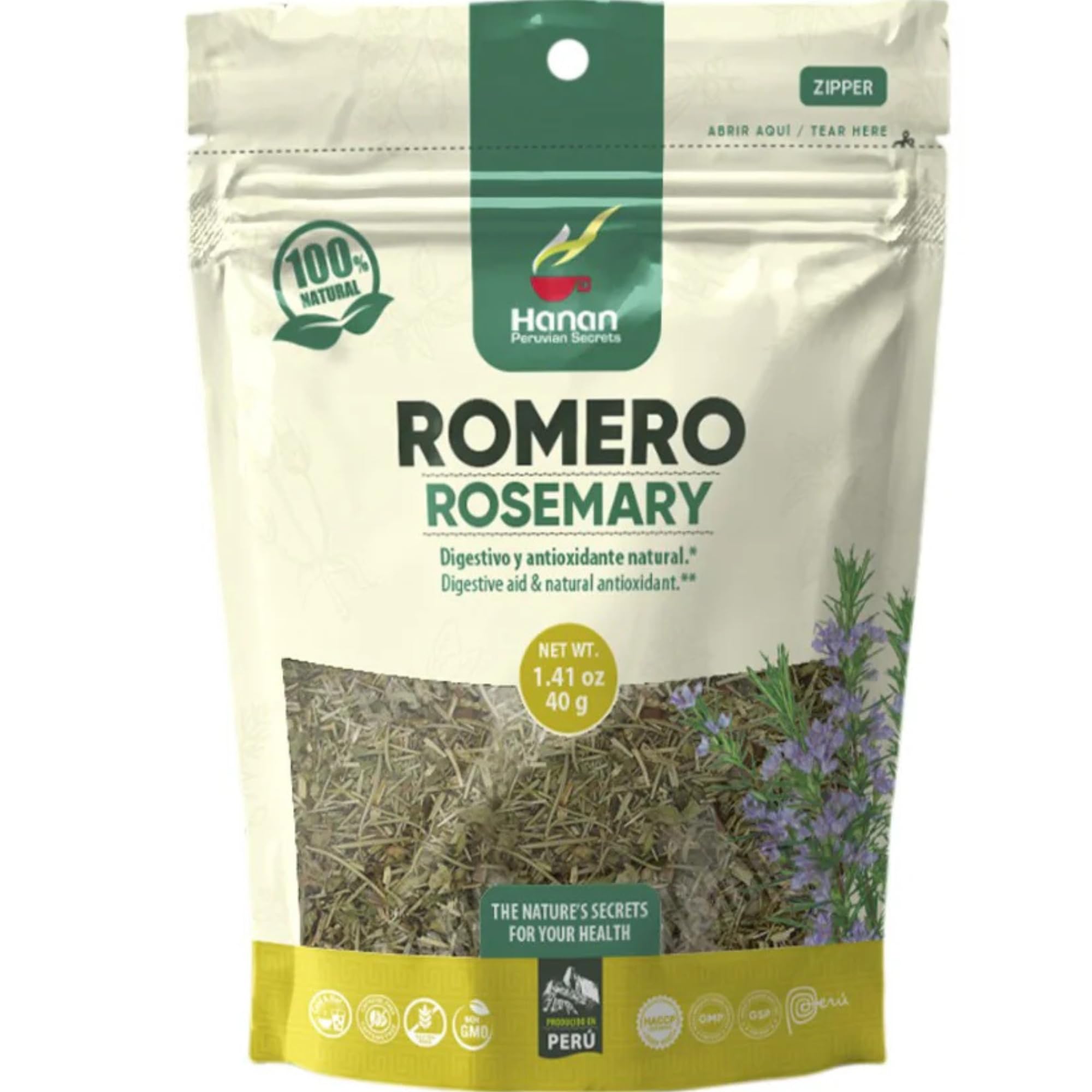 Rosemary Loose Leaf 1.4oz - Romero 40g, Dried Herbs from Peru for Herbal Tea, Cooking, Recipes, Mediterranean Cuisine - Rosmarinus officinalis Leaves