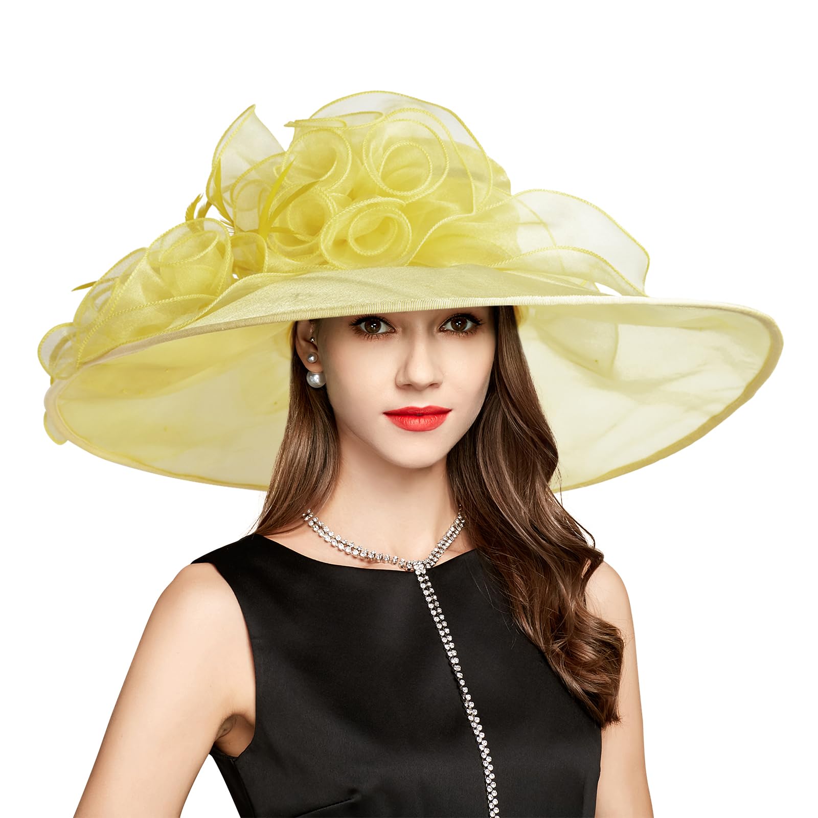 YIDINGCO Kentucky Derby Hat for Women Ladies, Organza Veil Feather Fascinator for Tea Party Church UV Protection Sun Hat