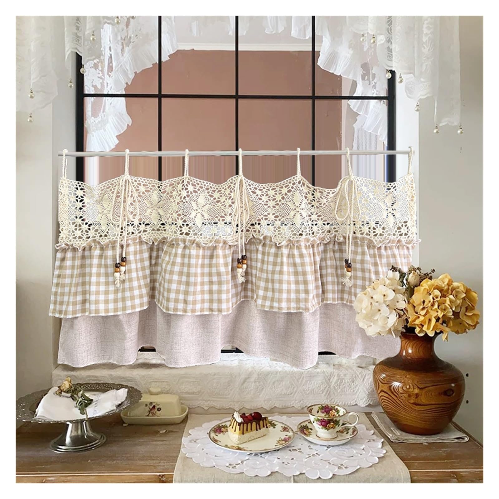 LNNXSZ Short Curtains Plaid Ruffled Cafe Curtain For Kitchen Cabinets Crochet Hollowed Short For Home Farmhouse(W150 x H50cm 1Piece)