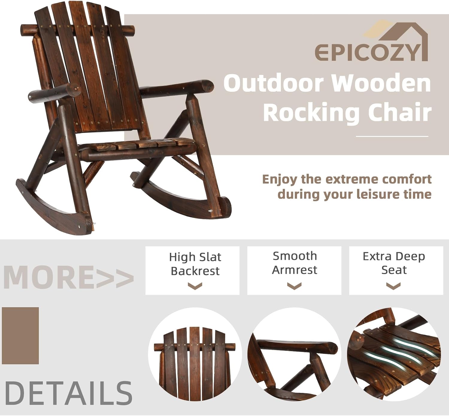Outdoor Wooden Rocking Chair, Patio Rustic Adirondack Porch Rocker, All Weather Solid Wood Log Rocker High Back Lounge Chair with Slatted Seat for Indoor, Deck, Backyard, Carbonized