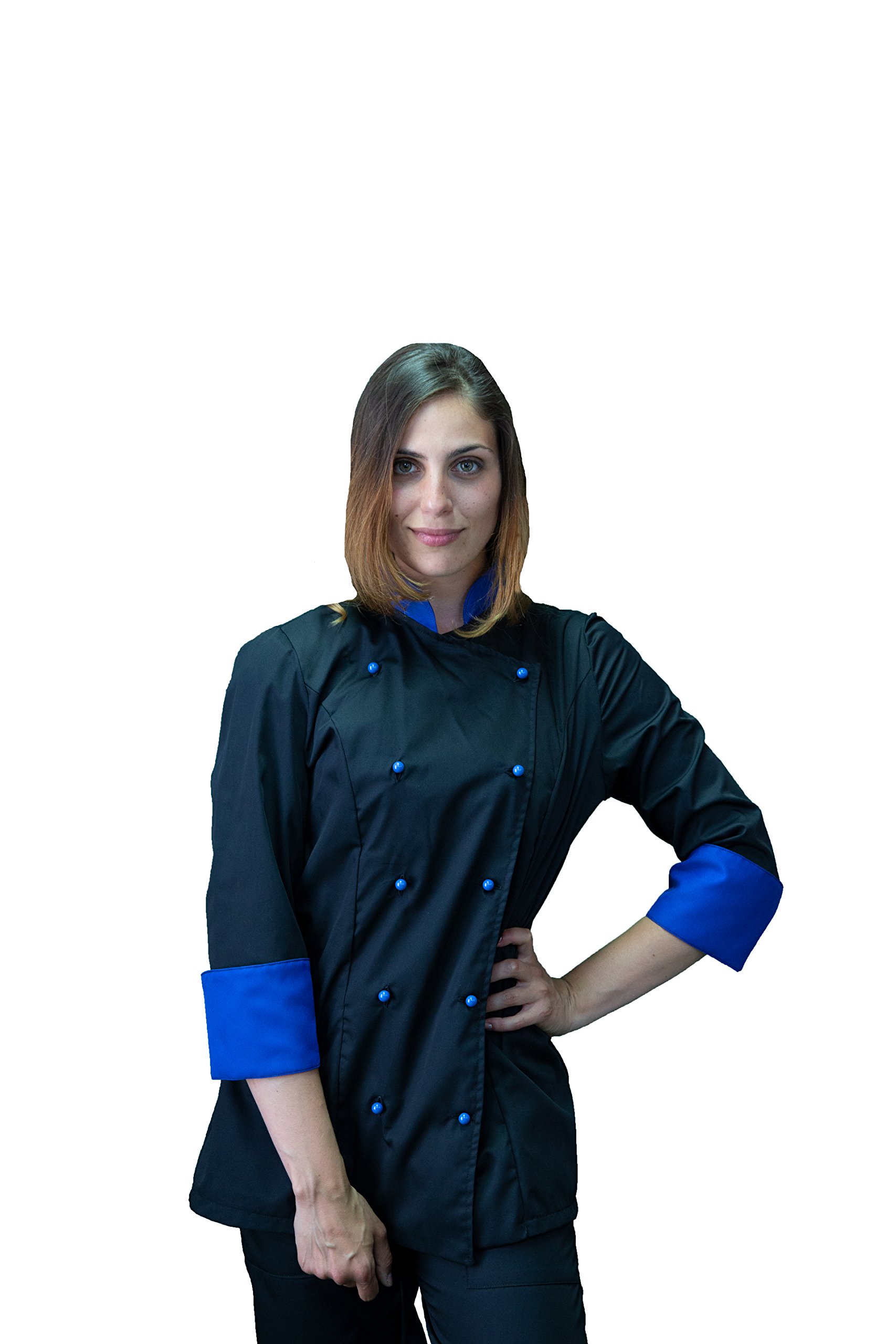 Ricamo Gratuito - Completo Cuoco da Cucina - Nero e Blu - Divisa Chef Donna - Pantalone, Giacca e Grembiule - Made in Italy