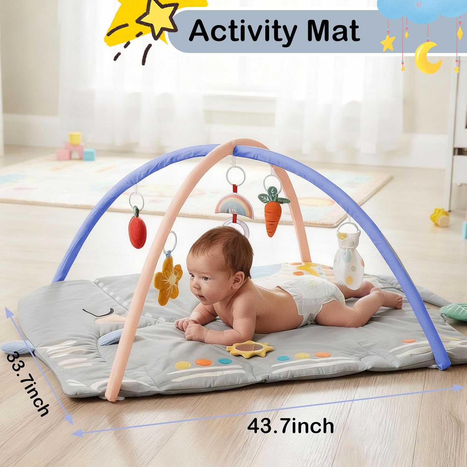 Baby Play Gym Tummy Time Mat, Oversize Elephant Activity Mat with 6 Detachable Toys, Promote Motor Skills & Sensory Development Mat, Newborn Infant Baby Essentials Gift