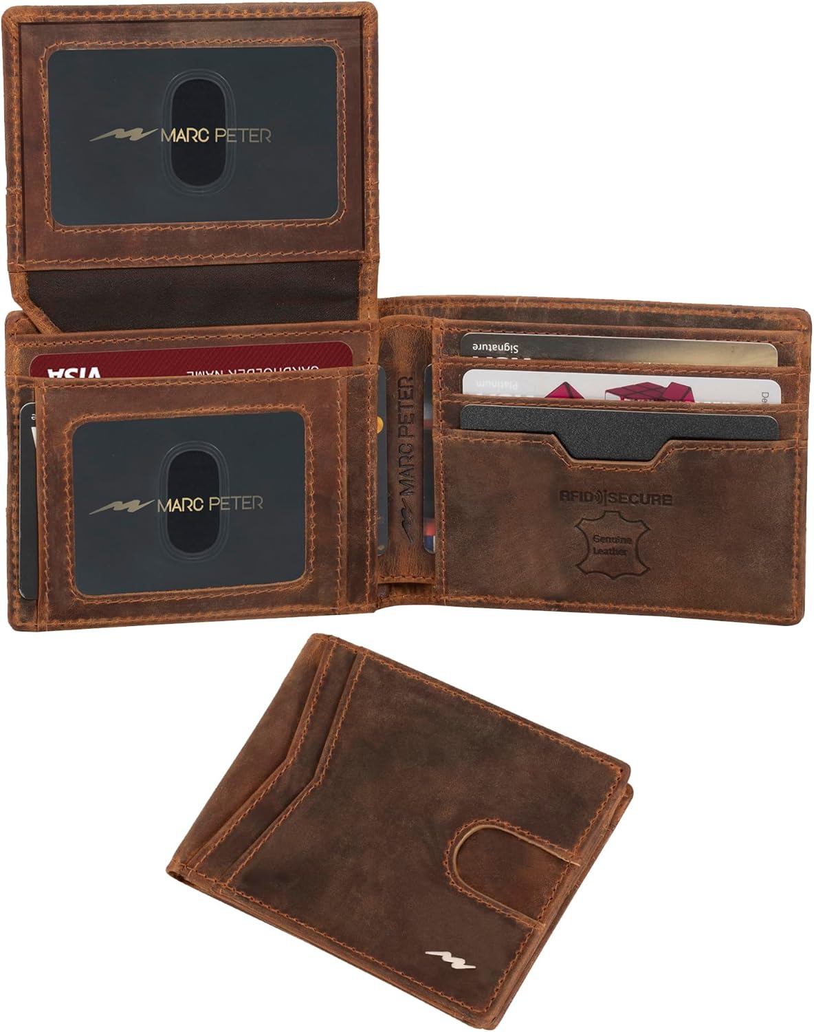 Marc Peter Wallet for Men Slim Bifold RFID Blocking with 2 ID Window up to 14 cards Minimalist Front Pocket Full Grain Leather Wallet and Gift Box Crazy Horse Rustic