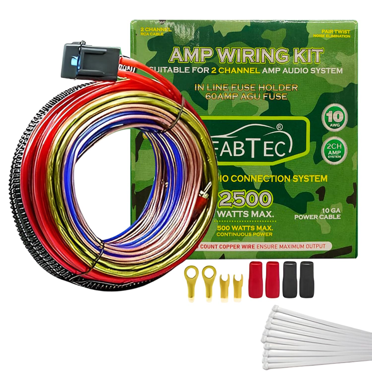 Fabtec Car Amplifier Wiring Dual Channel Copper Amp Wire Kit (10GA/2500W)