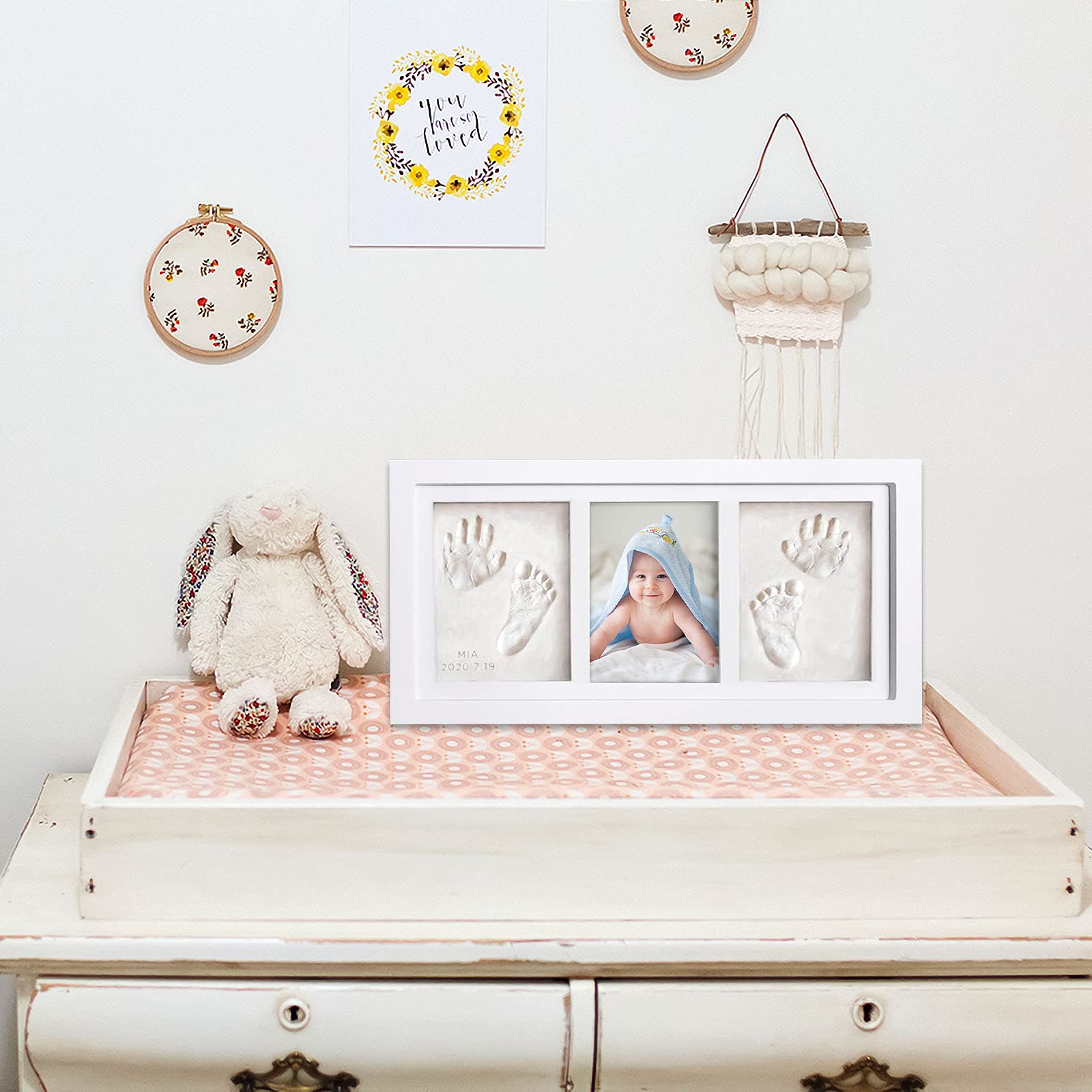 Kit Porta Foto Impronta Mani e Piedi Neonati, Cornice Impronte Neonato con Portafoto Legno e Argilla