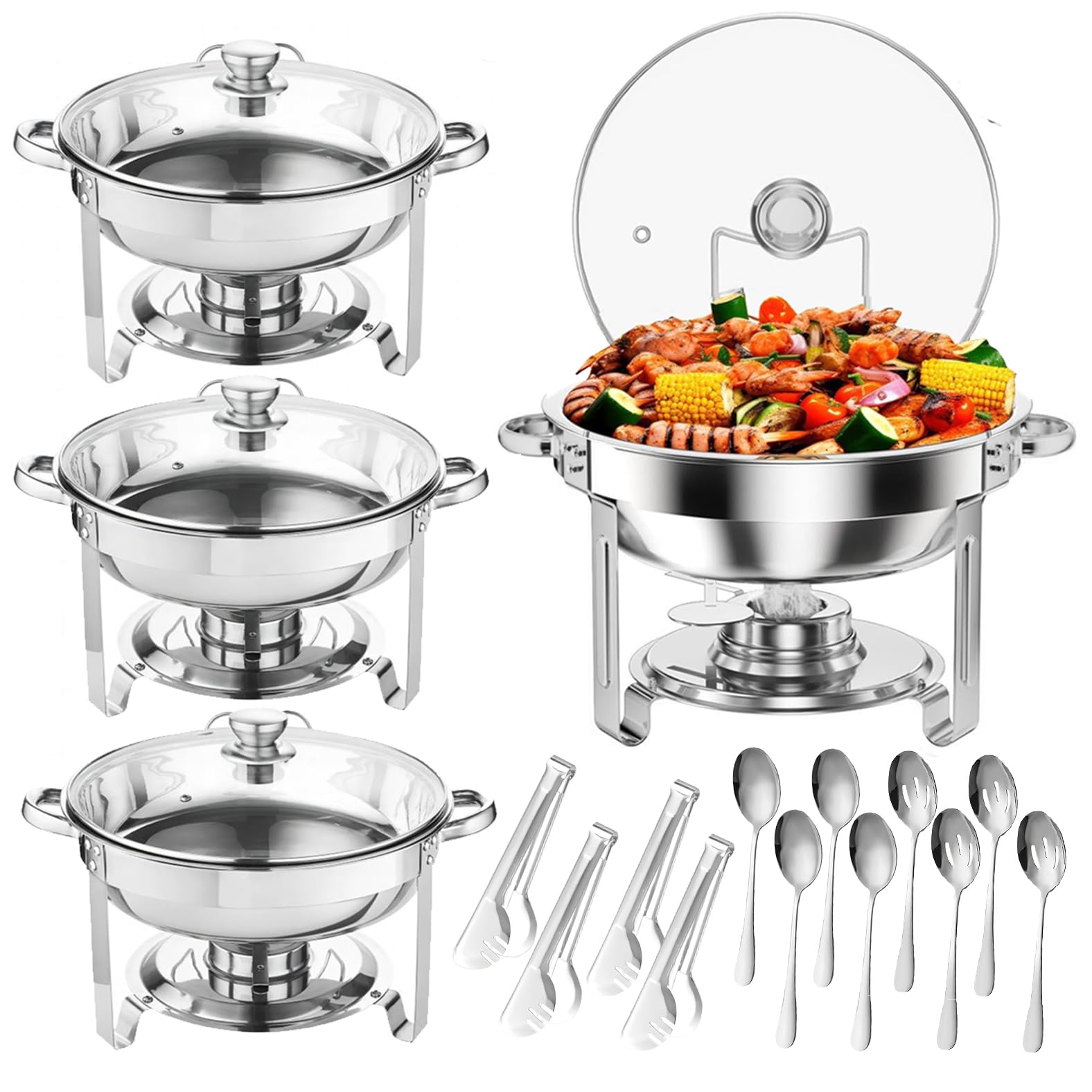 Set di 4 scaldavivande da buffet da 5 litri, in acciaio inox, rotondi, con coperchio in vetro e supporto, scaldavivande per feste, matrimoni, compleanni (vetro argentato)