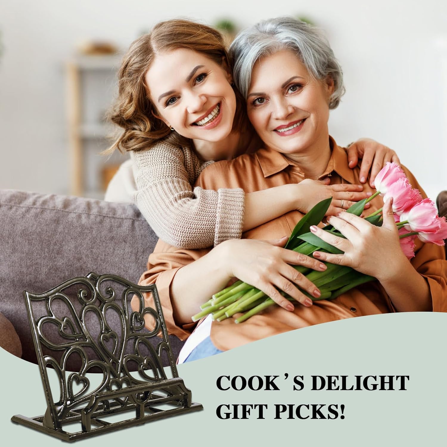 JOGREFUL Cookbook Stand, Cast Iron Heavy-Duty Recipe Book Holder, Kitchen Vintage Recipe Book Holder, Reading Rest Holder for Easel/Counter/Books/Magazine/iPad/Bible, Love Heart Pattern, Coffee Gold