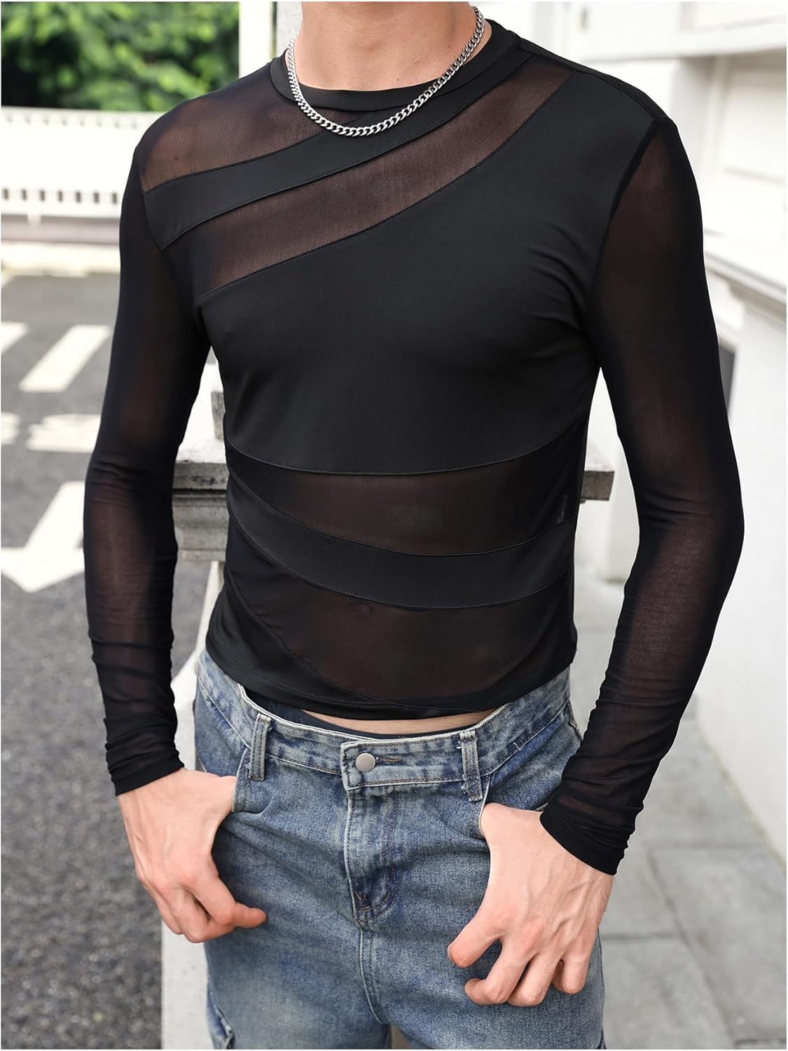 OYOANGLE Men's Contrast Mesh Sheer Cropped Tee Top Long Sleeve Crew Neck Fitted Party T Shirt - Image 6