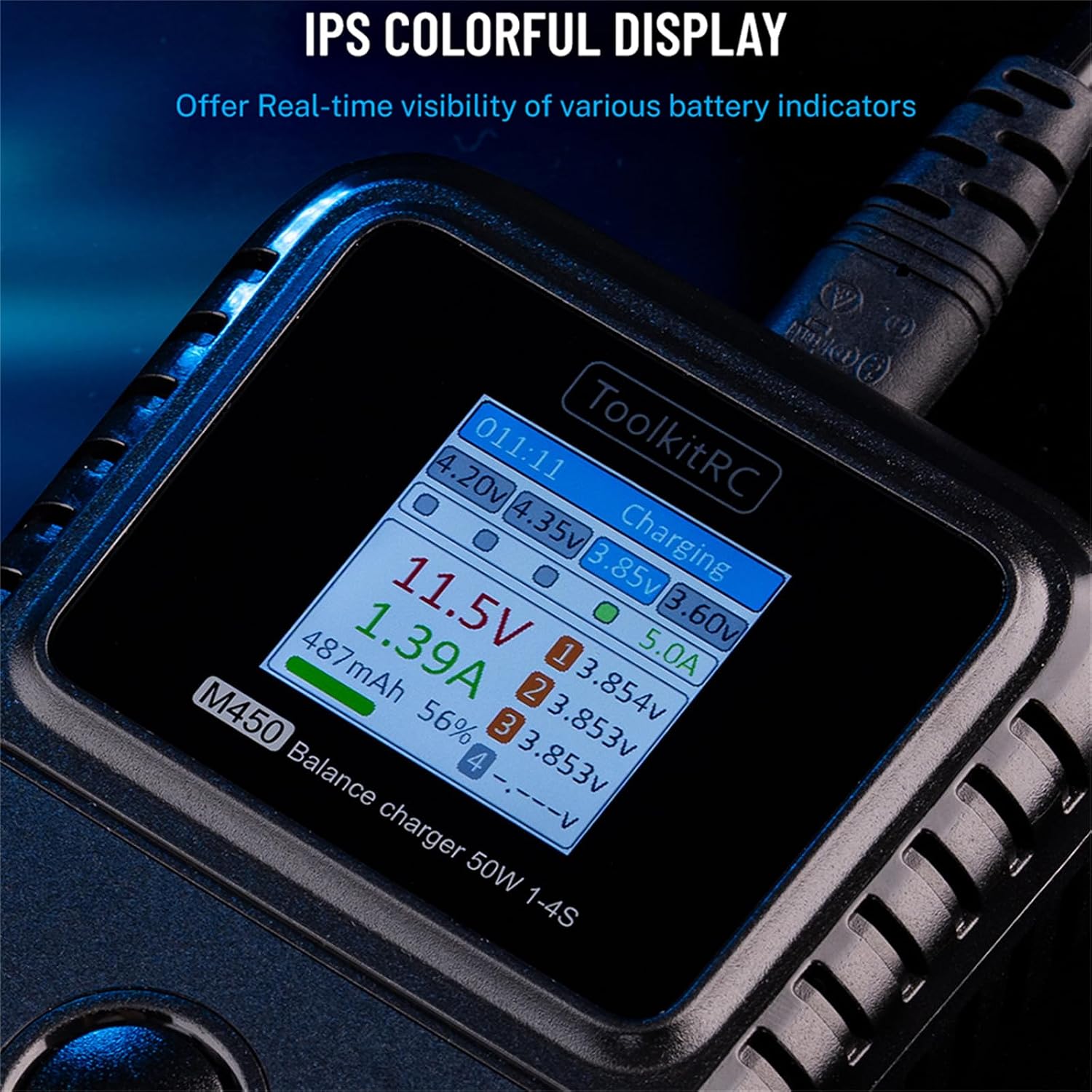 Close-up of the M450 charger's IPS colorful display showing battery information