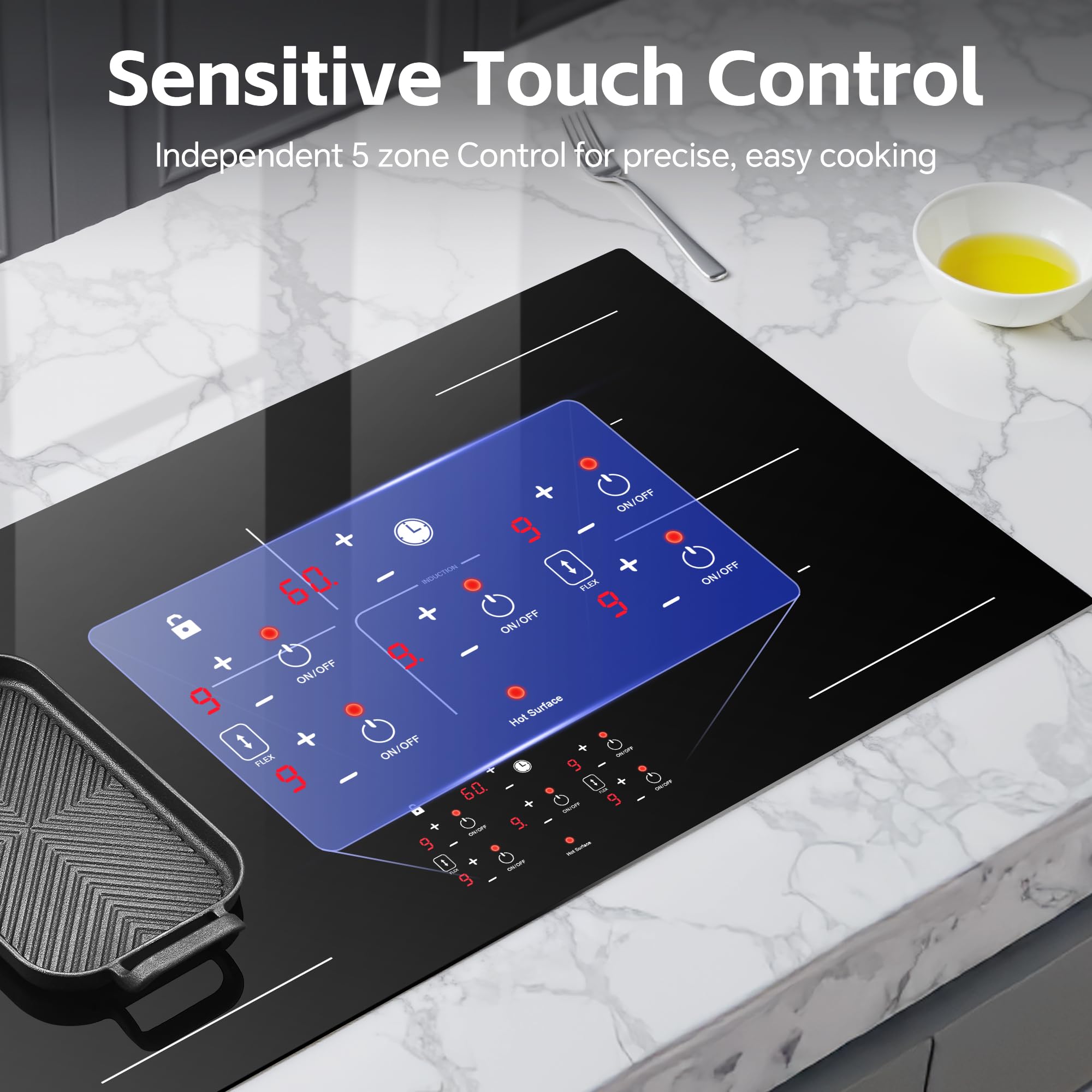 Piano cottura elettrico a induzione da 91,4 cm, 5 fuochi, 10800 W, piano cottura a induzione integrato con funzione a doppio ponte, booster, timer, blocco bambini, controllo touch sensore, 240 V/50 A