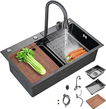 30 Inch Kitchen Sink with Faucet Combination Waterfall Black Sink Stainless Steel Waterfall Kitchen Sink Kitchen Countertop Multifunction Farmhouse Undermount or Countertop Sink Drop in