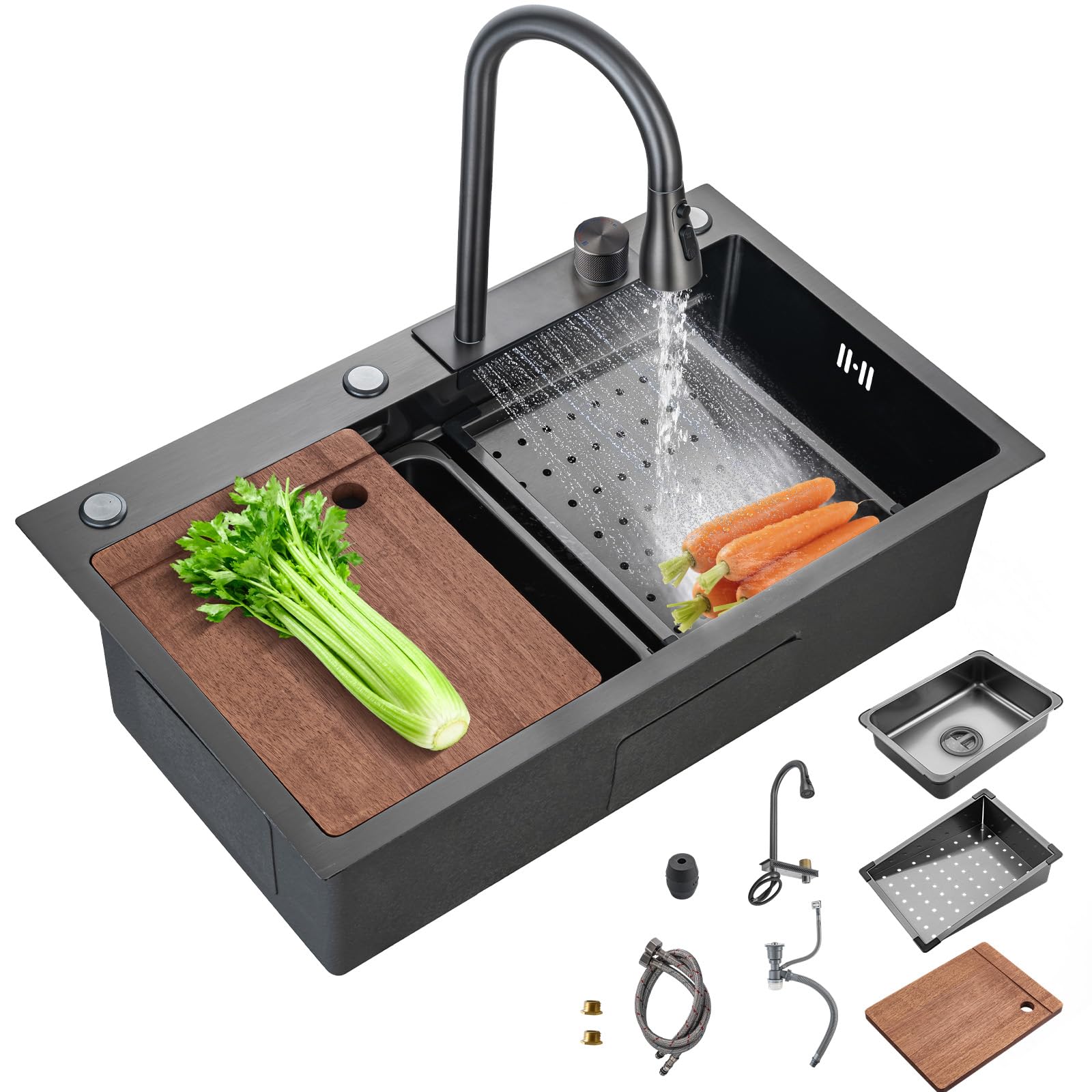 30Inch Kitchen Sink with Faucet Combo Waterfall Black Stainless