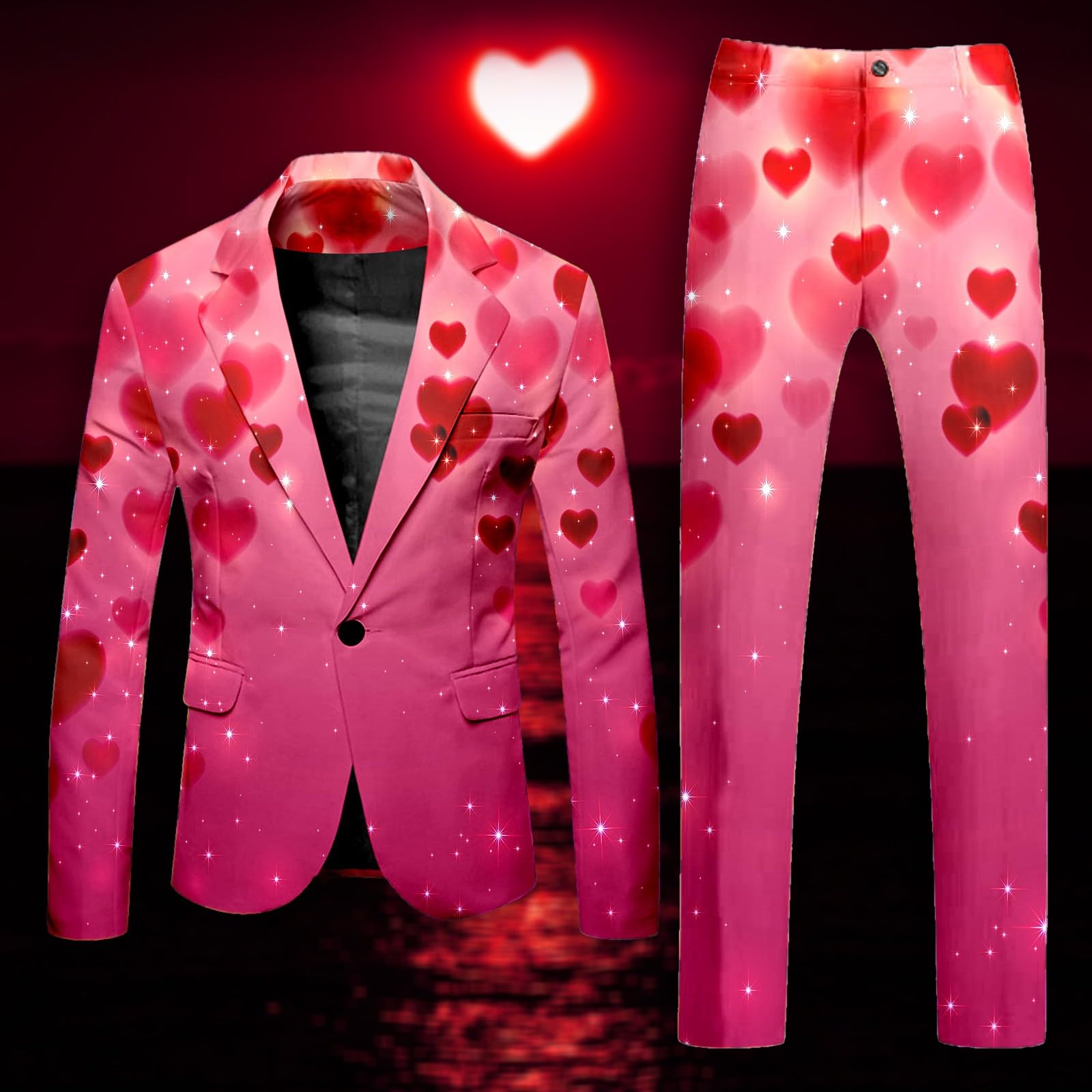 Valentinstag Party Kostüm Herren Blazer 2 Teilige Bedruckte Anzug für Männer Herz/Love Druck Blazer Elegante Jacke mit Hose Slim Fit Anzug für Valentinstag Party Outfits
