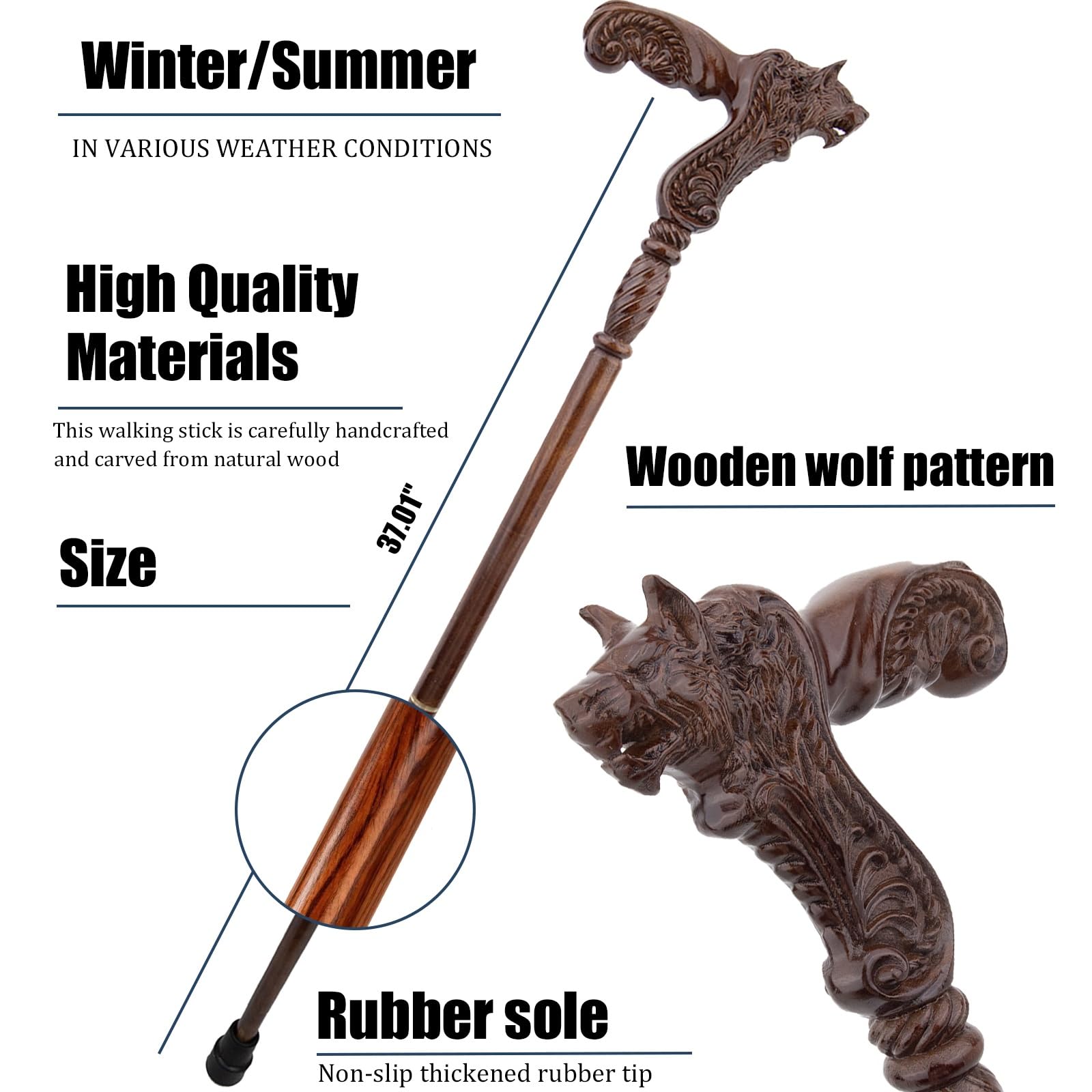 Bastoni da Passeggio in Legno con Motivo a Lupo, con Impugnatura Ergonomica e Punta In Gomma Antiscivolo Bastone Decorativo di Lusso per Uomo e Donna Cospaly 94 Cm