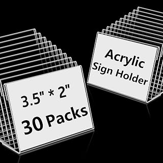Daletu 30 Pack Small Acrylic Sign Holders 3.5x2 Inch - Clear L-Shaped Stands for Buffet Labels, Price Tags, Wedding Place Cards, Retail Displays
