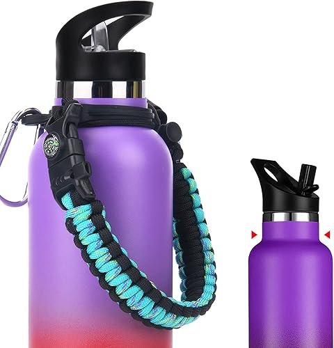 Wongeto Mango compatible con botella de agua de boca estándar Hydro Flask Mango de paracaídas con soporte de anillo de seguridad para botellas de