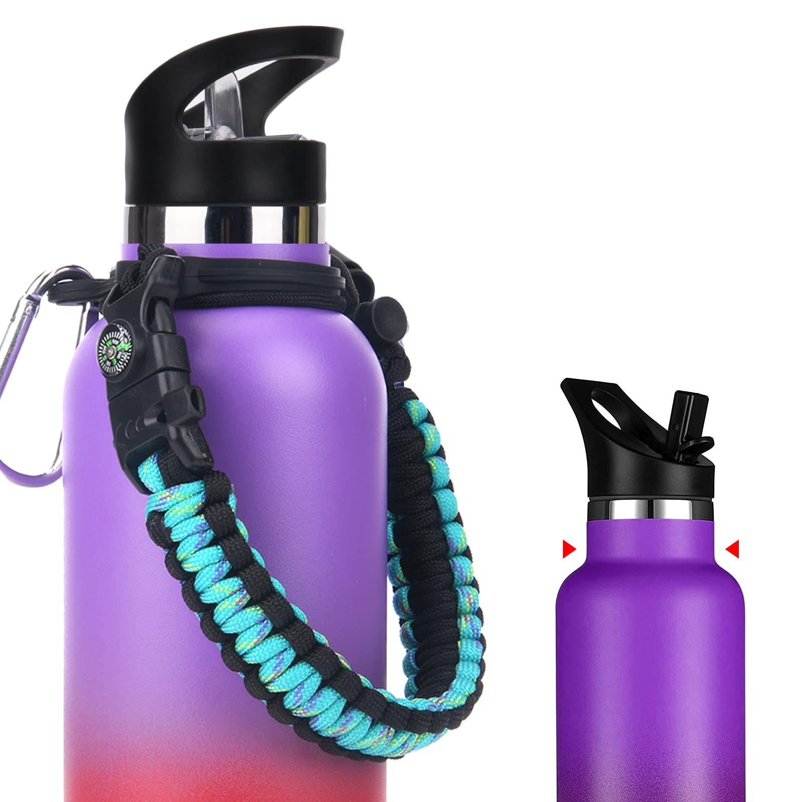 WongetoHandle Compatible with Hydro Flask Standard Mouth Water Bottle - Paracord Handle with Safety Ring Holder for 12 oz, 18oz, 21 oz, 24 oz Water Bottle assecories