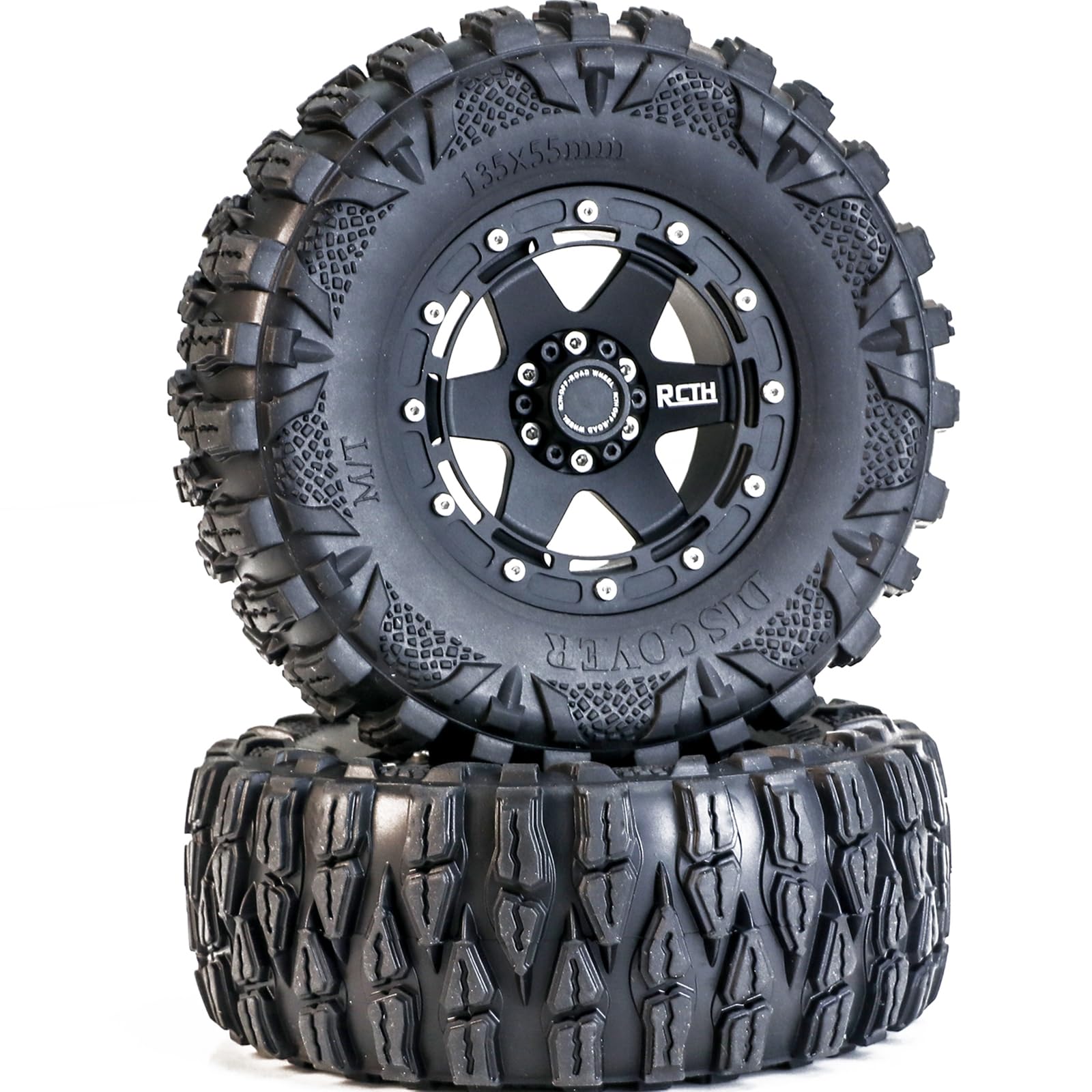 2.6 Tires All Terrain Soft Rubber Crawler Car Tire & Rim for Off Road Race, OD 135mm Rubber Tire & Metal Rims with 17mm/12mm Hexes for MJX H8H MK07 KM4 Traxxas TRX-4 TRX-6 Axial 1/7 1/8 1/10 Crawler