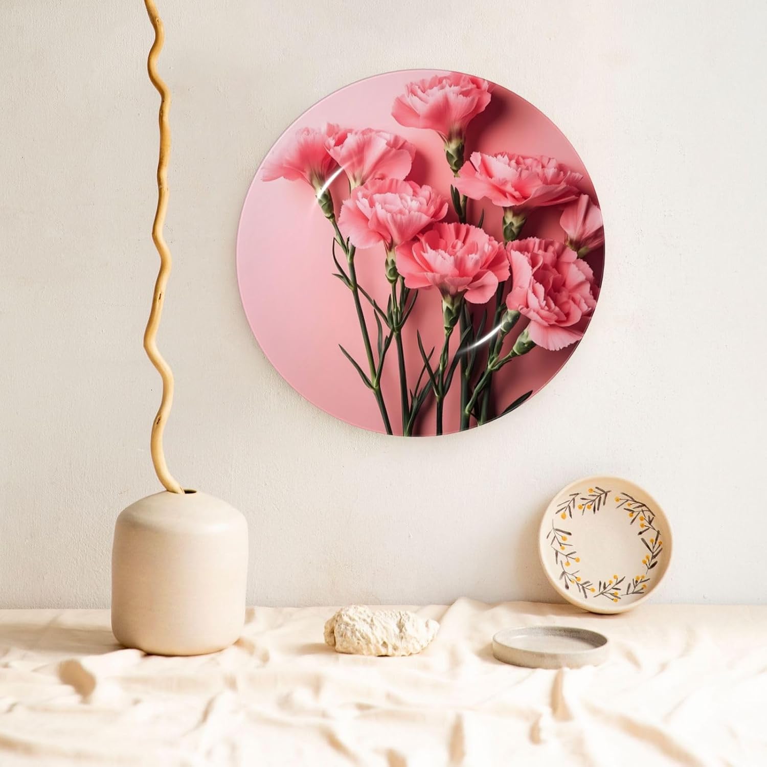 Pink Carnations Style Ceramic Plate Display Home Display With Stand Wall Hanging Plate For Home Decor 10 Inch