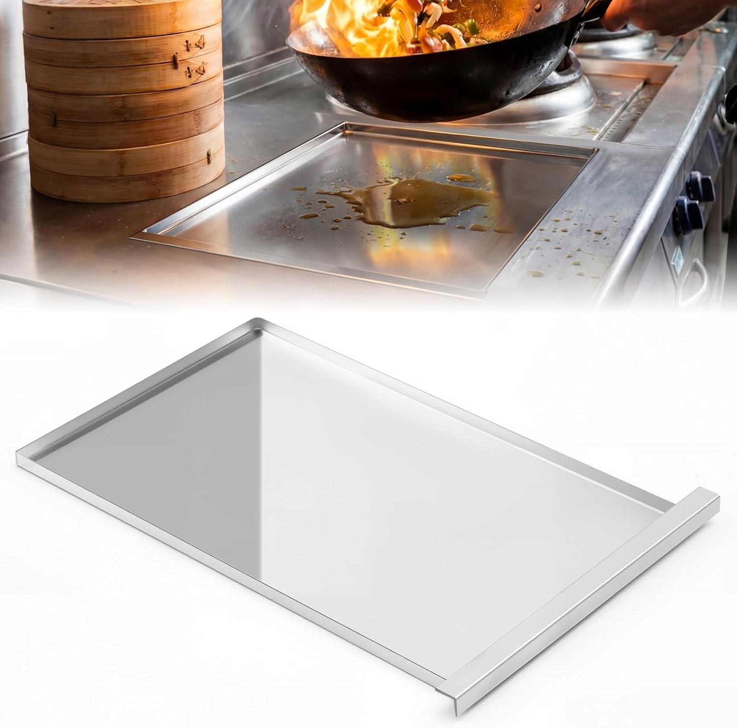 Gisafai 304 Stainless Steel Commercial Chinese Restaurant Range Drip Pan, 14" x 23" x 16" x 1" Wok Burner Grease Drip Tray Kitchen Supply for Wok Stove, Heavy Duty Grease Catch Pan