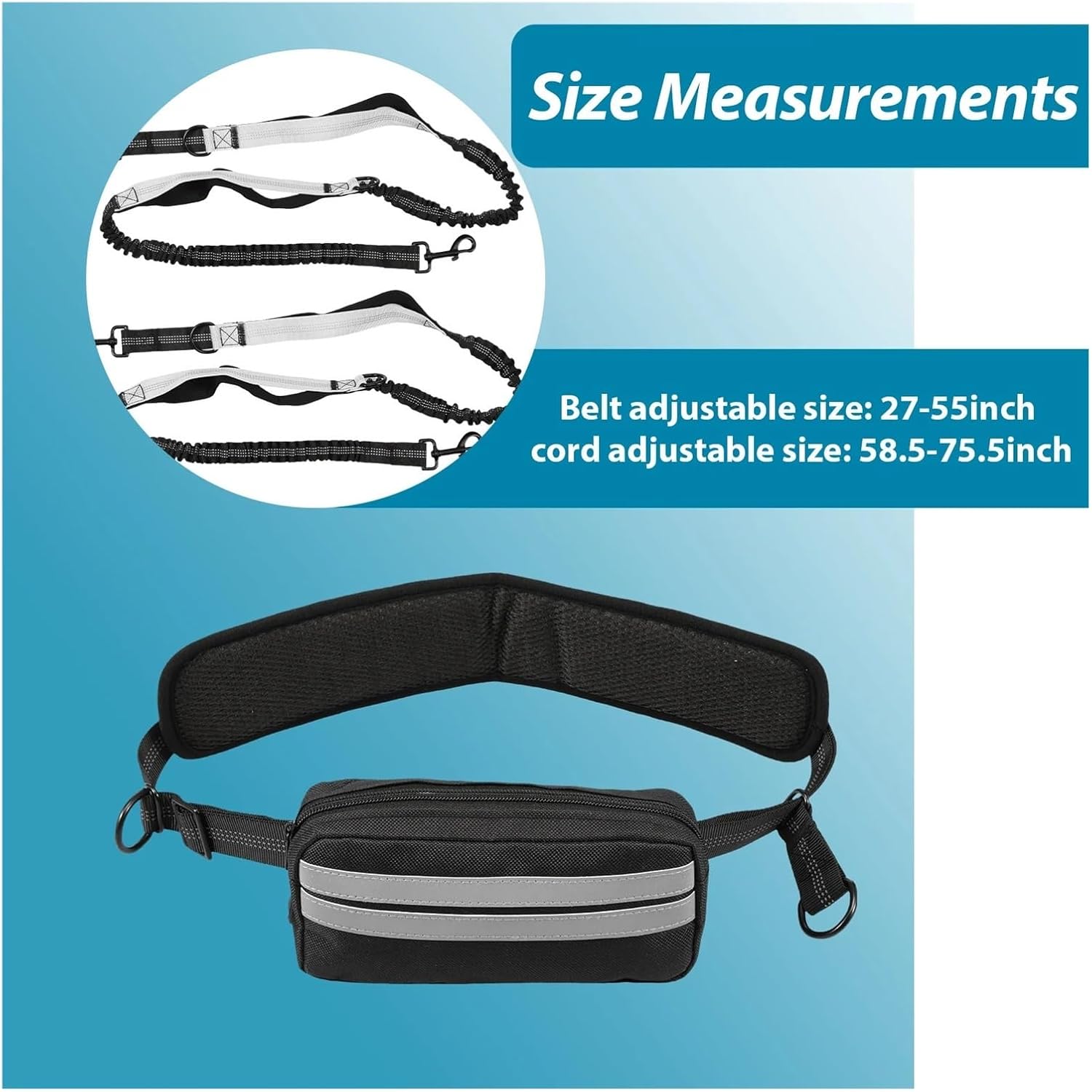 Hands Free Dog Leash, Compatible for Running Walking Reflective with Waist Bag Retractable Traction Rope(Black Sky Blue)