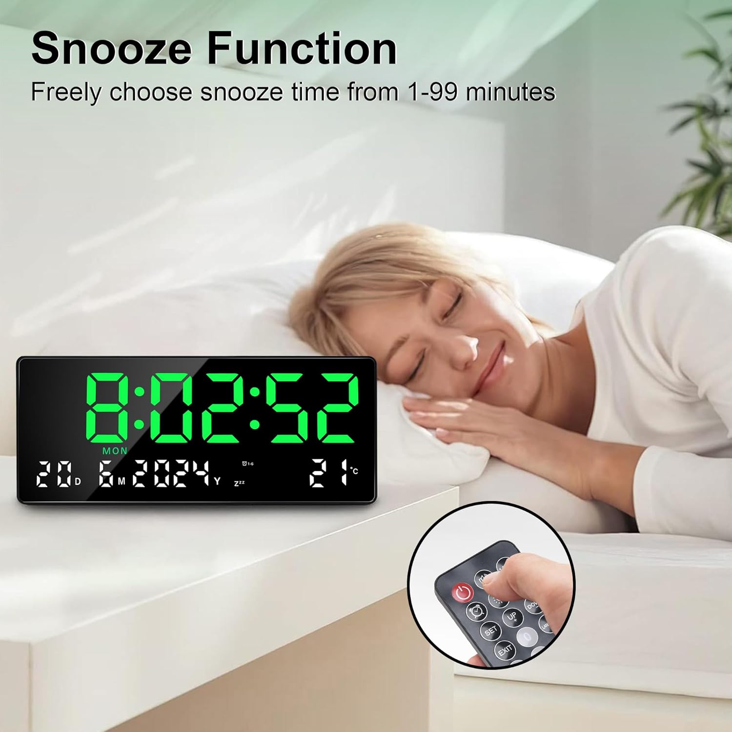 A person sleeping peacefully in bed with the digital clock on a bedside table, displaying time and an alarm icon. An inset shows a hand pressing the snooze button on the remote.