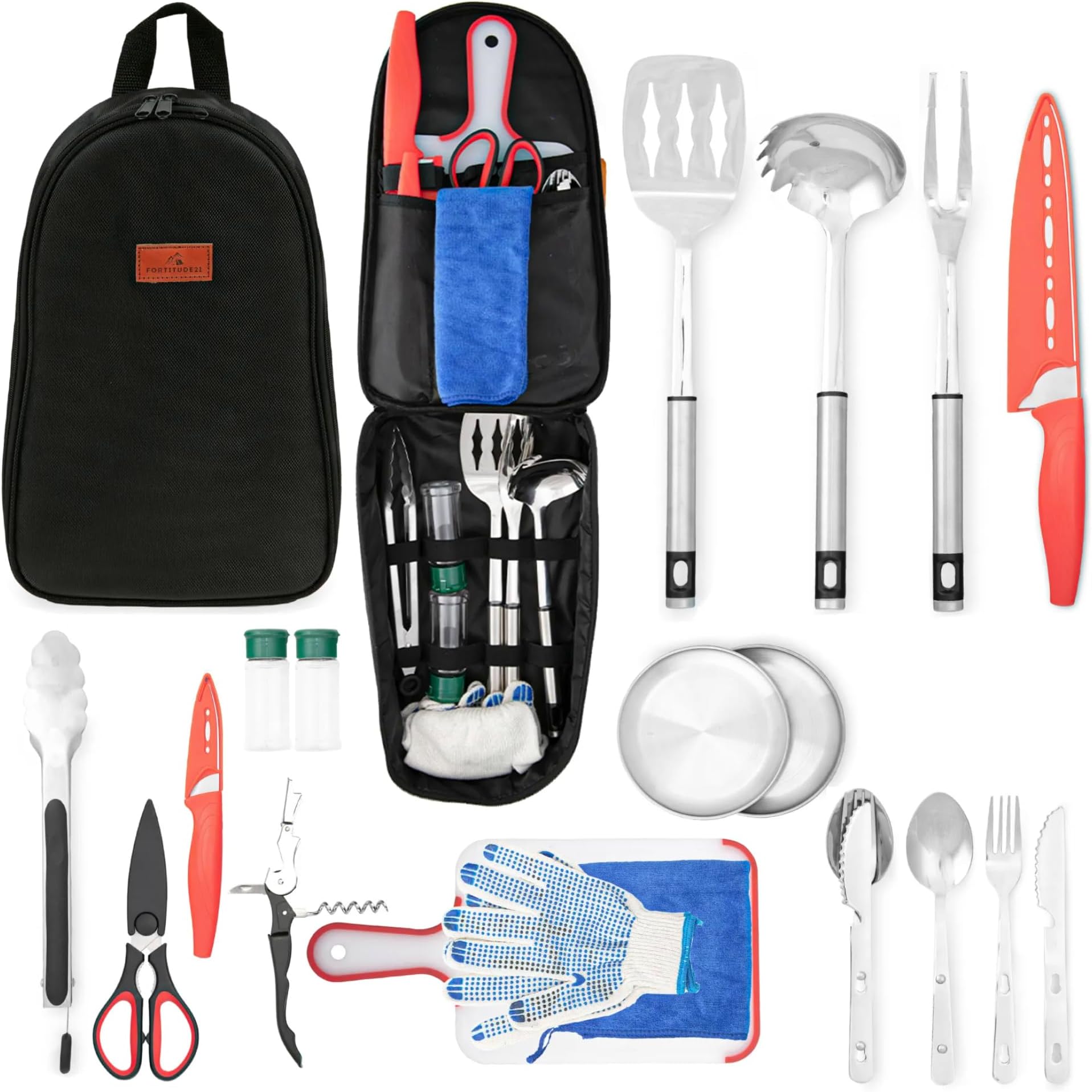 Fortitude21 Camping Gear, Cooking Set, 21pcs Accessories Cooking, Kitchen Camp & Organizer, Utensil Equipment, Tools Stuff Black