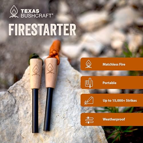 Miniatura 4 de Texas Bushcraft Arrancador de fuego, varilla de ferro de 3/8 pulgadas de grosor con golpeador y cordón de muñeca de paracaídas, encendedor