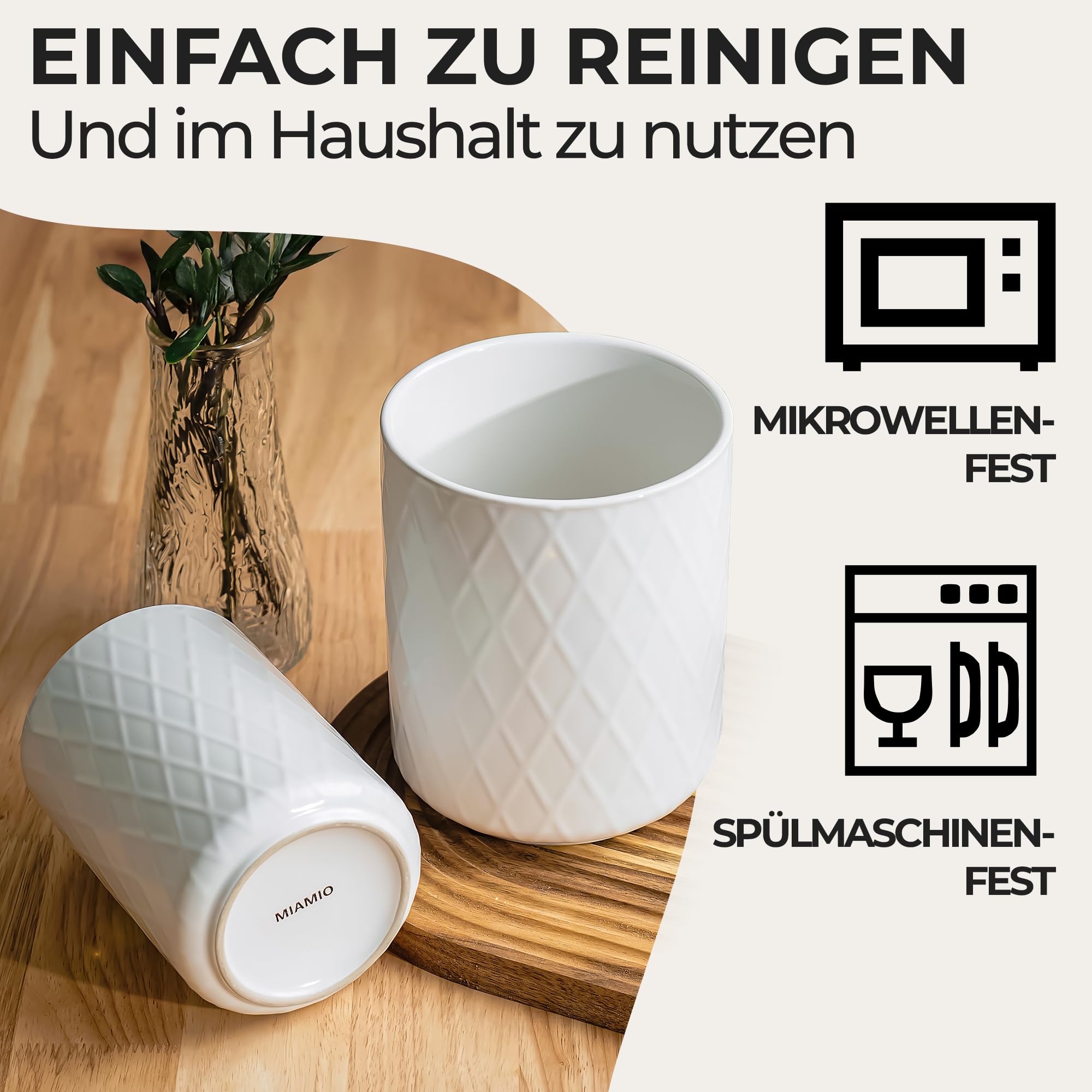 MIAMIO – Küchenutensilienhalter Keramik/Küchen Organizer Set für die Aufbewahrung von Besteck, Kochlöffel und Zubehör - Palmanova Kollektion (Weiß)