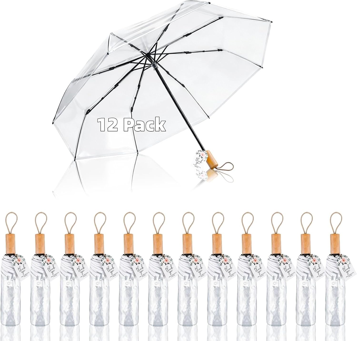 Clear Wedding Umbrellas Bulk Transparent Portable Folding Umbrella with Card for Rain Travel Dating Outdoor Events Party