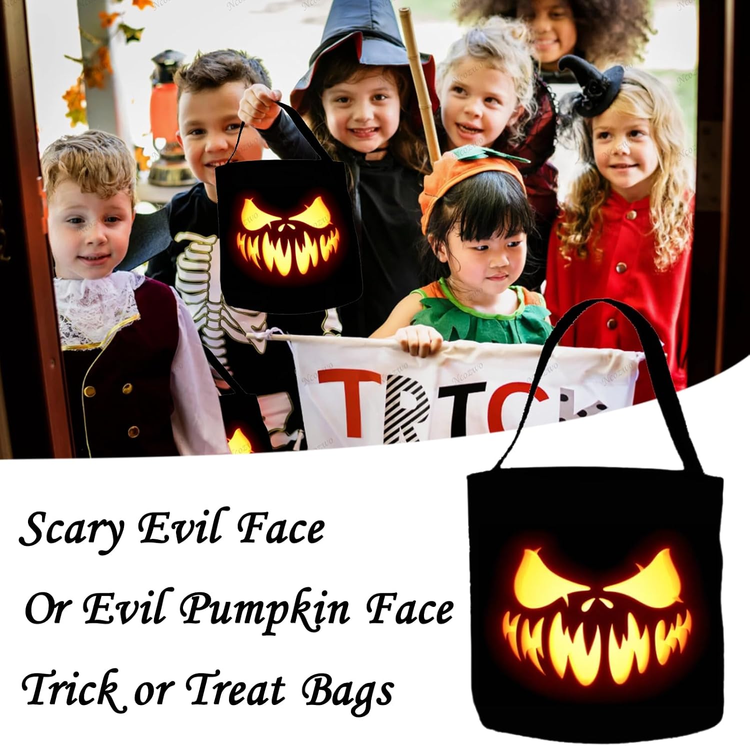 Halloween Trick or Treat Bucket Candy Bags Scary Evil Face Treat Bags Creepy Pumpkin Face Non-Woven Tote Bag with Handles Portable Collapsible Candy Present Bag for Party Decoration Favor Supplies