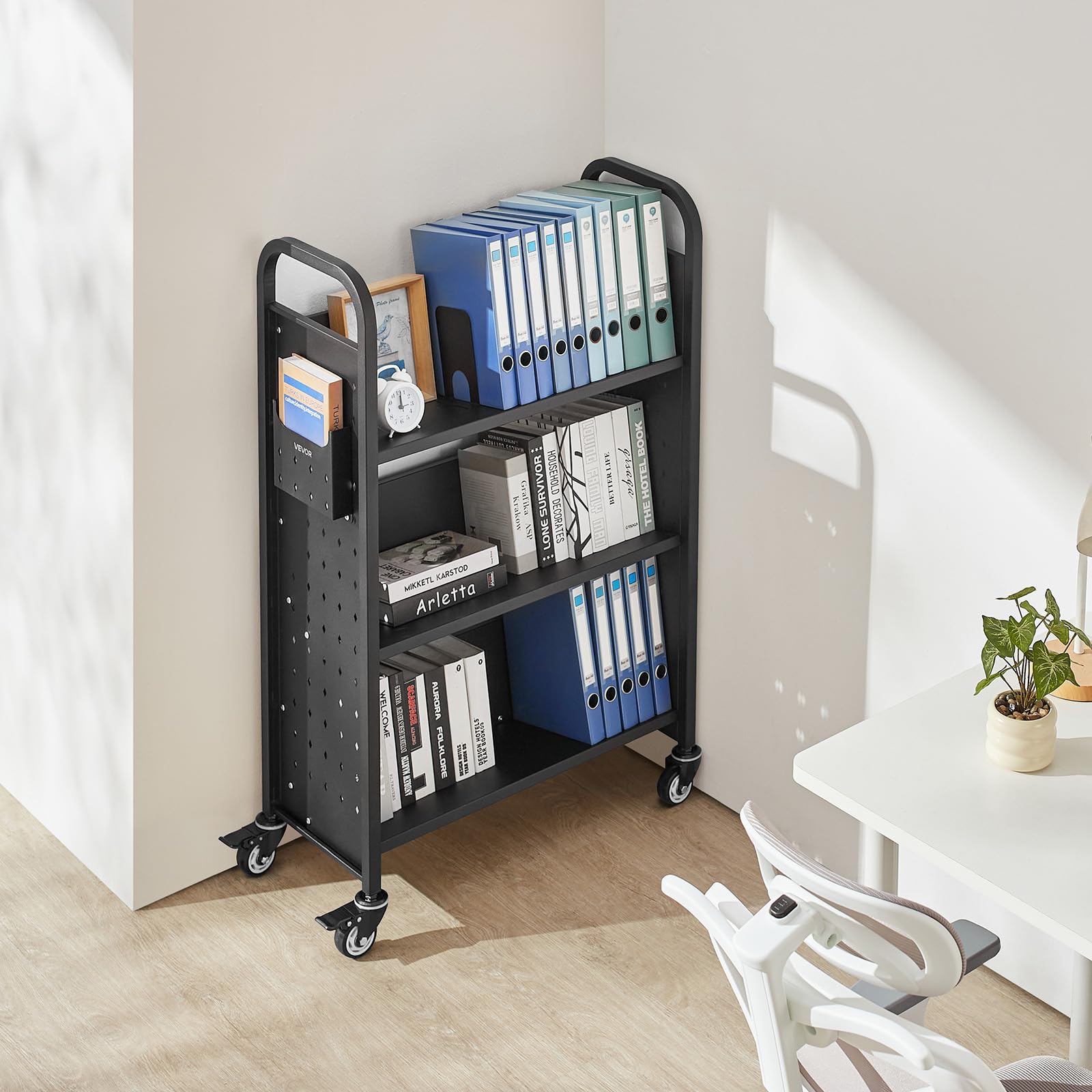 VEVOR Carro para Libros de 3 Niveles Estantería de Libros con Ruedas 77 x 38 x 122 cm Estante de Almacenamiento en Forma de V Carro Rodante para Biblioteca, Librería, Oficina, Escuela, Negro