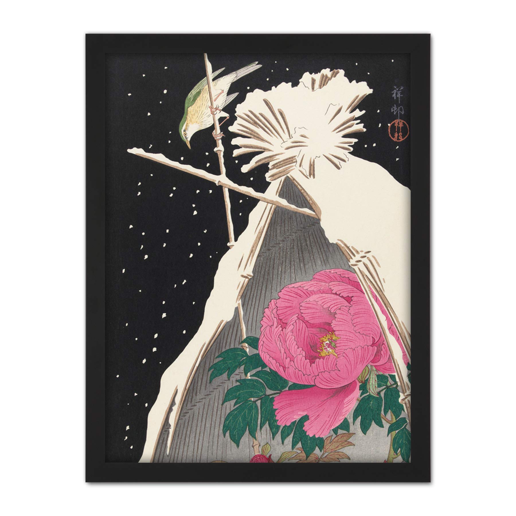Artery8 Ohara Koson Siberian Bluechat Next To A Peony Artwork Framed Wall Art Print 18X24 Inch