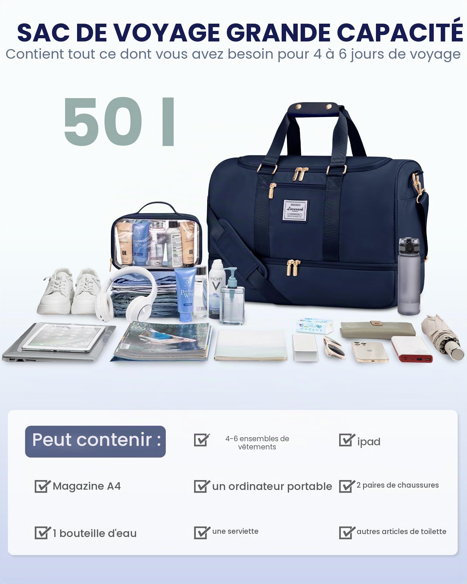 LOVEVOOK sac de sport pour femme - Grand sac de voyage avec trousse de toilette et compartiments à chaussures et humide - Imperméable