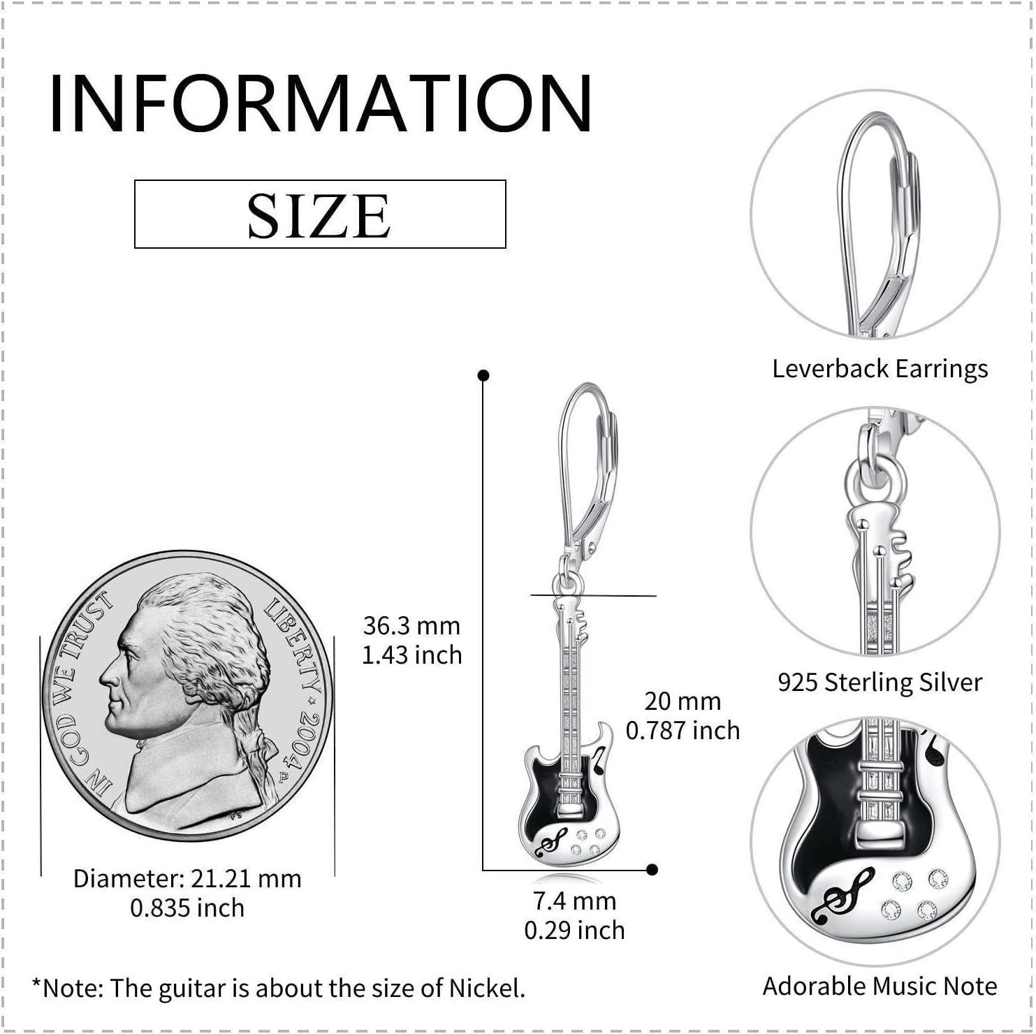 YFN Guitar Earrings Sterling Silver Guitar Jewelry For Women Leverback Music Dangle Drop Earrings Musical Gifts For Musician