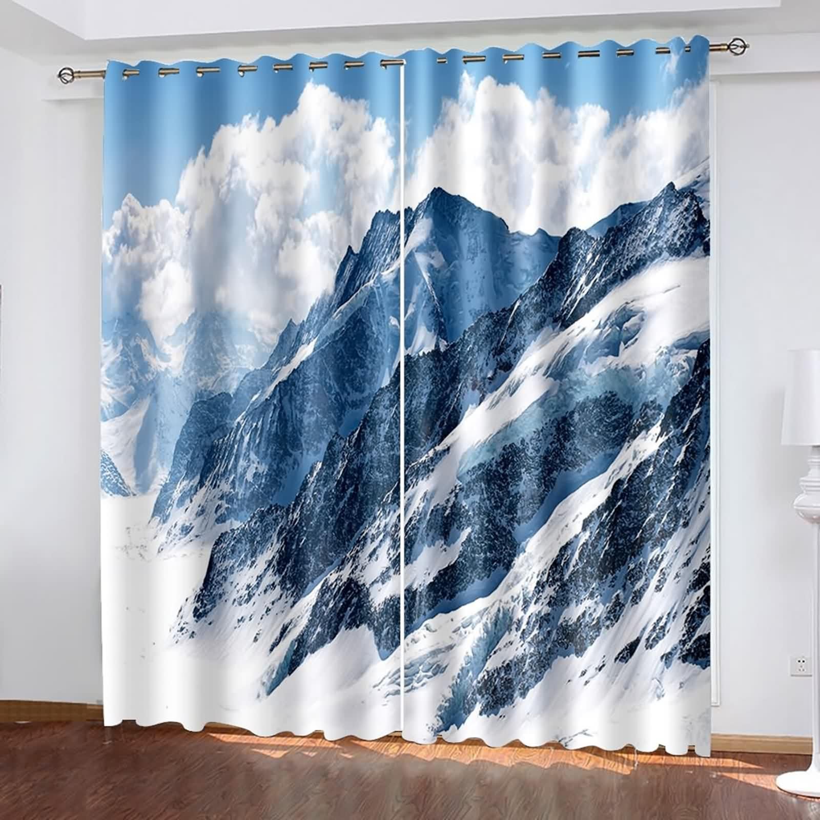 Epinki Zestaw 2 zasłon z oczkami, 214 x 214 cm (wys. x szer.), nieprzejrzyste z chmurami, w górach śniegu, krajobraz, zasłony termiczne, ochrona przed zimnem, ochrona przed hałasem, szaro-niebieskie