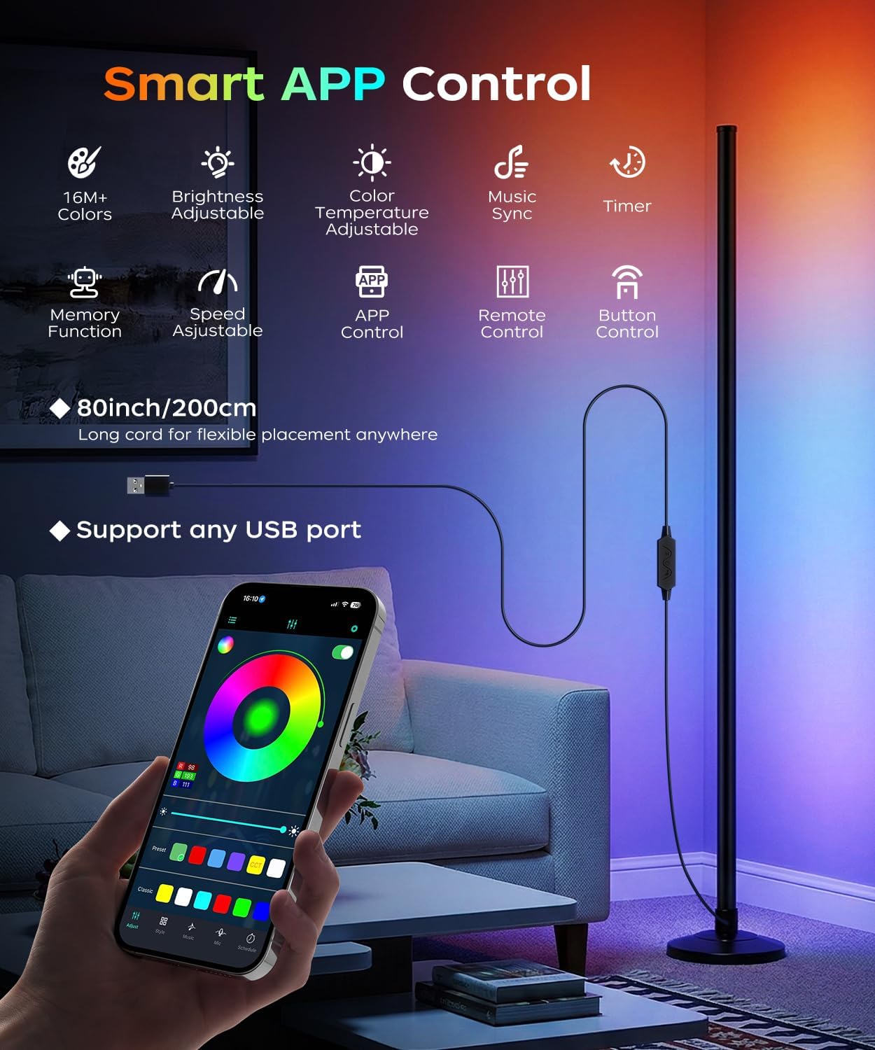 Corner Floor Lamp, Smart RGB LED Corner Lamp with Music Sync and 16M+ DIY Colors, Remote & App Control, Color Changing Ambient Lighting, Floor Lamps for Living Room, Bedroom and Party