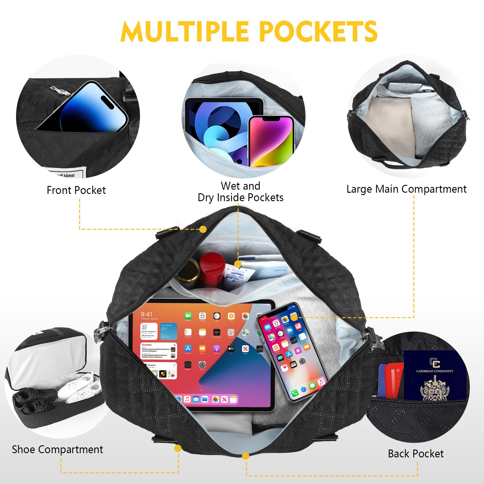 AiQInu Borsone da Viaggio 42L,Borsa da Palestra con Scomparto per Le Scarpe,57X32X23CM, Impermeabile Borsa per il Bagaglio Dell'aereo, Borsa per Ospedale,Borsa da Weekend per Uomini e Donne