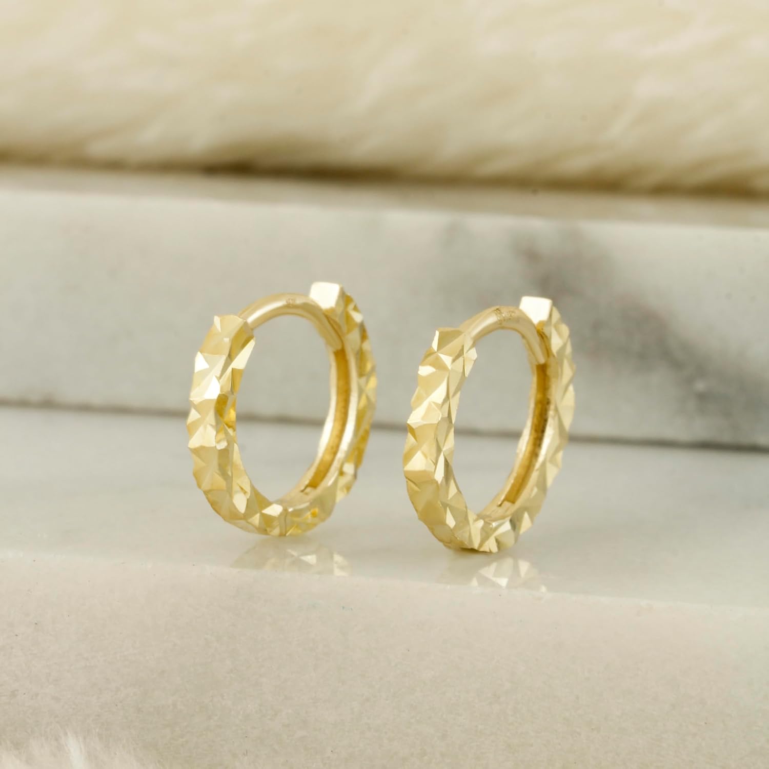 10K Solid Gold Dainty Huggie Hoop Earrings, Diamond Cut Real Gold Hoop Earrings, Small Huggie Hoops - Serena Sparkles