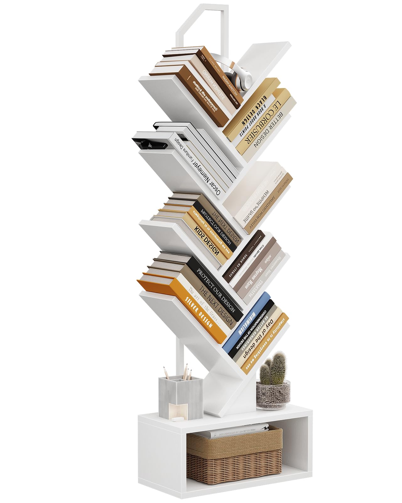 Coleshome Tree Bookshelf, 8-Tier Floor Standing Bookcase, Bookcases suitable for bedrooms and living rooms, Wooden bookshelves suitable for bedrooms and living rooms, White