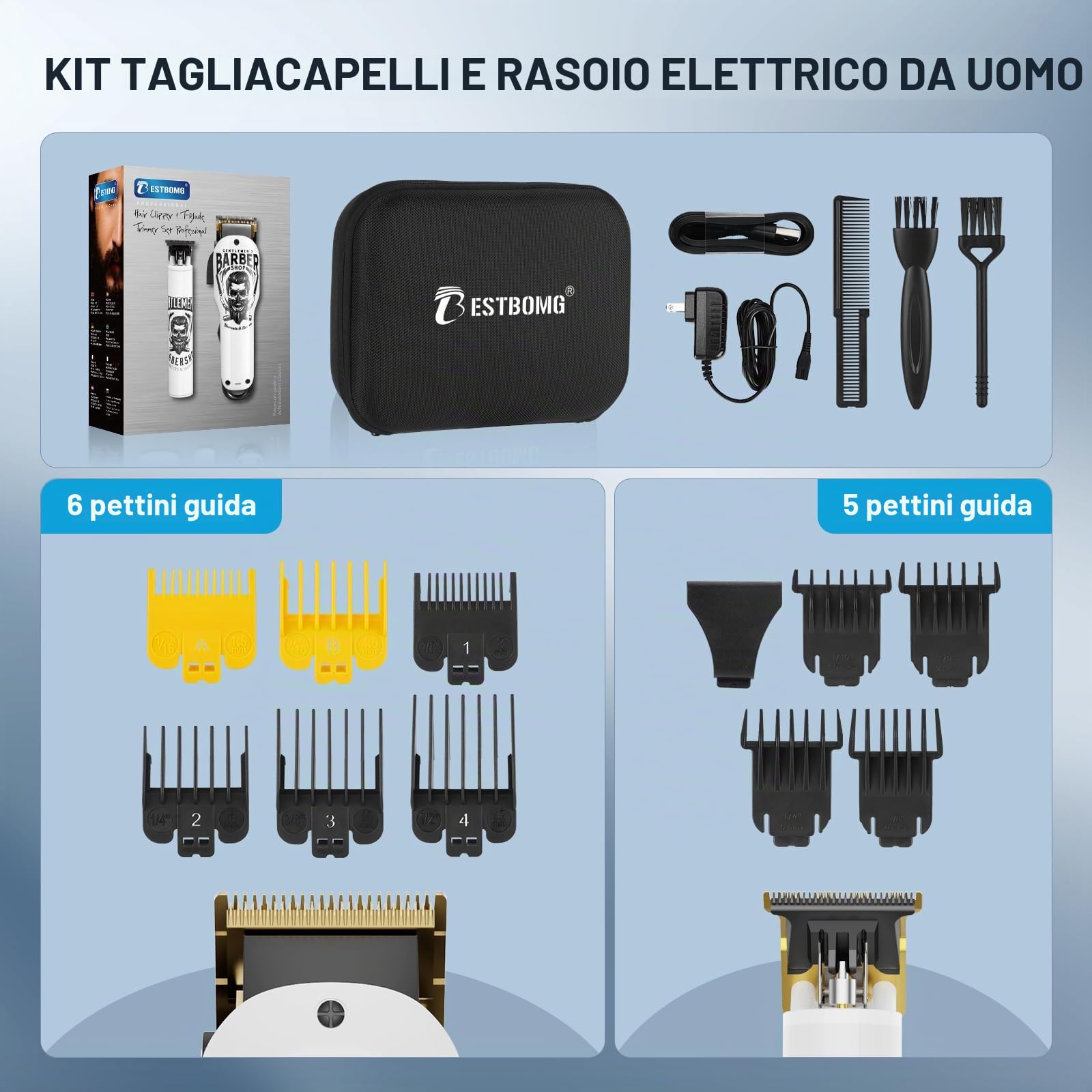 BESTBOMG Tagliacapelli Uomo Professionale, Tagliacapelli Elettrico Regolabarba Trimmer Con Pettine Limite, Macchinetta Vapell 2000mAh/1200mAh Batteria Ricaricabile per Bambini Adulti Pet (Y4+T9)