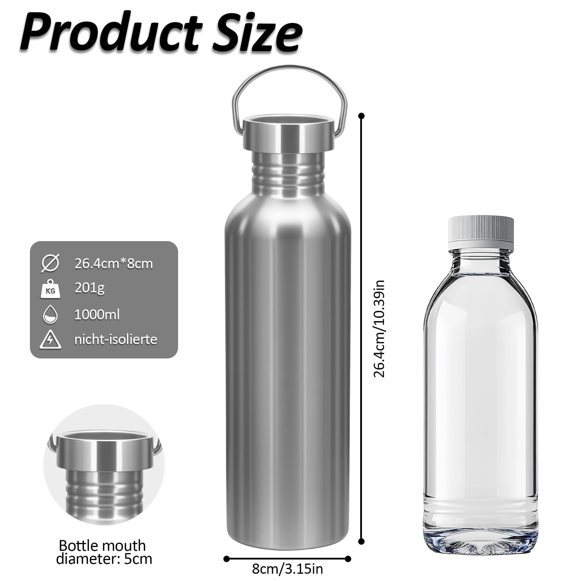 Botella Agua Acero Inoxidable 1000ML (1 Litro) - Cantimplora Acero Inoxidable Sin BPA, Reutilizable Ligera y Sin Fugas, Dos Tapas para Gym, Gimnasio, Deporte, Oficina y Niños