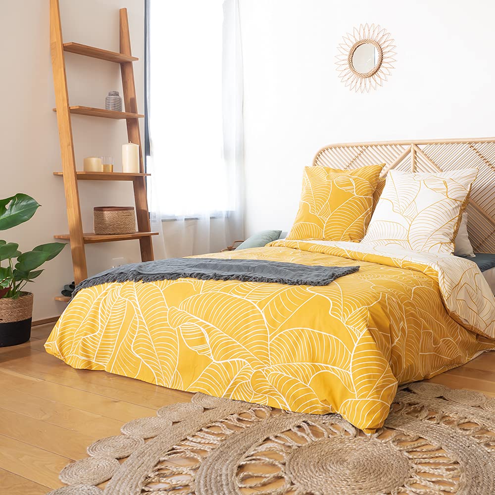CÔTE DECO Parure da letto con copripiumino 220 x 240 cm + 2 federe 63 x 63 cm, set copripiumino per 2 persone, palme, colore: giallo, 100% cotone biologico