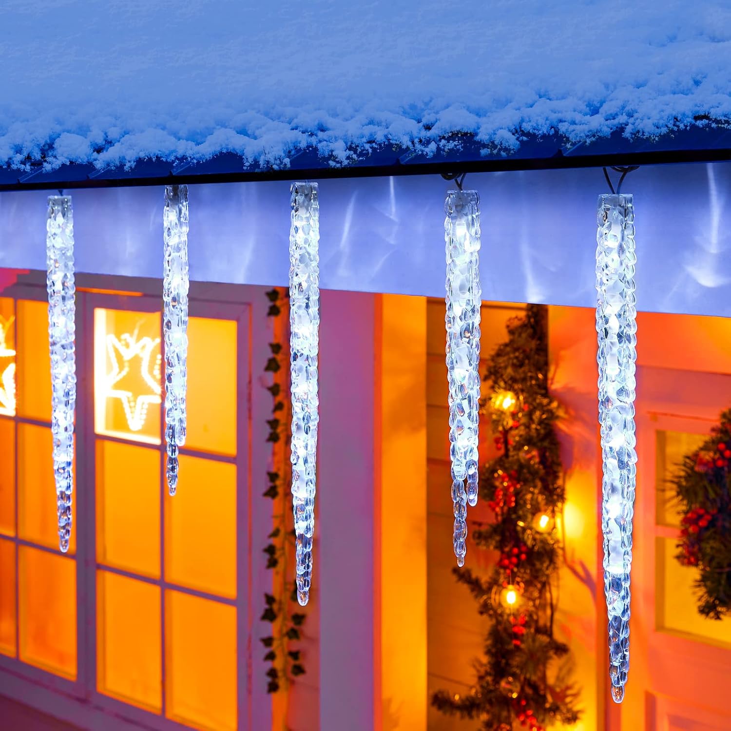 Christmas Icicle Lights Outdoor with Clips- 18.7ft 100 LED 20 Tubes Twinkling Crystal Icicle String Lights, Connectable Waterproof Hanging Christmas Lights Plug in for Eave Holiday Outdoor Decoration