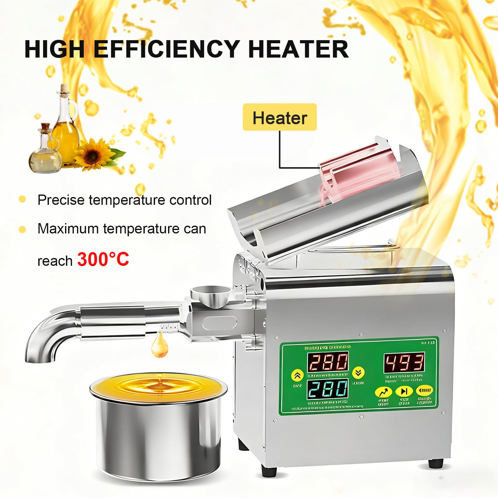 Automatyczna prasa do oleju o mocy 1800W, prasa do tłoczenia oleju na zimno i na gorąco, elektryczna wyciskarka oleju ze stali nierdzewnej o temperaturze 40–300℃ do orzechów włoskich, pestek oliwek