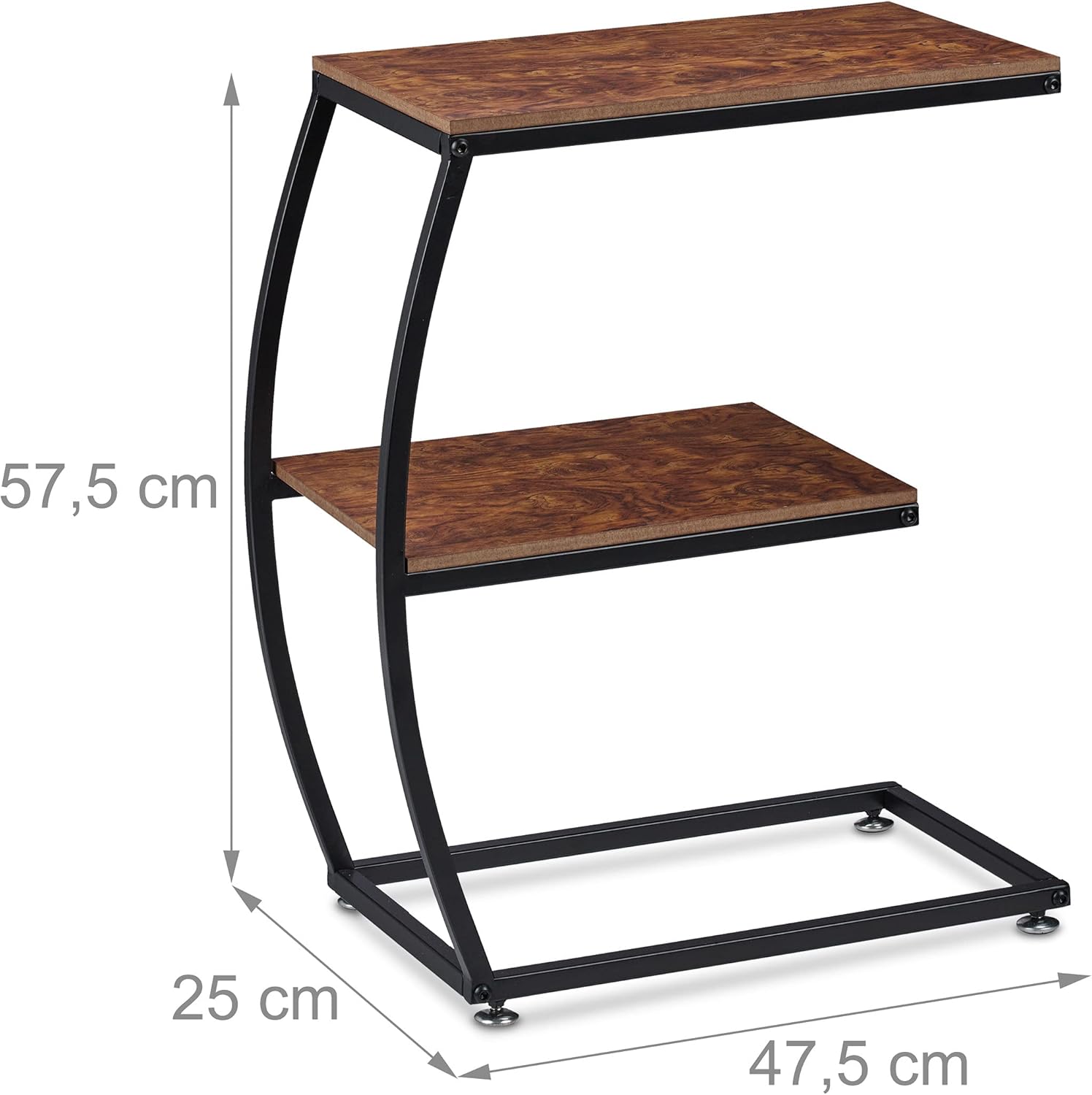 Diagram showing the dimensions of the Relaxdays C-shaped Side Table: 57.5 cm height, 47.5 cm width, 25 cm depth.