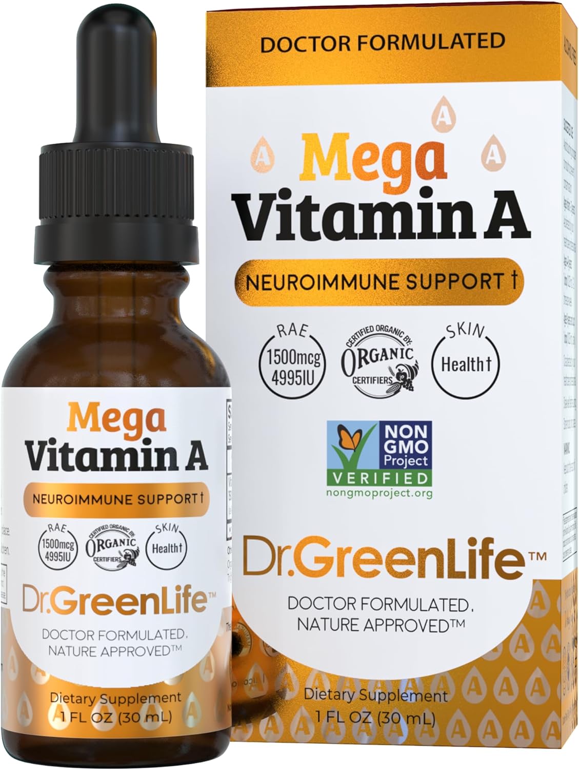 Dr. Green Mom Mega Vitamin A Liquid Drops | 1500 mcg RAE Per 1 Drop, 1180 Servings Per Bottle | Certified Organic, Non-GMO in Organic MCT Oil | Retinyl Palmitate | Infants, Kids & Adults | 1 fl oz